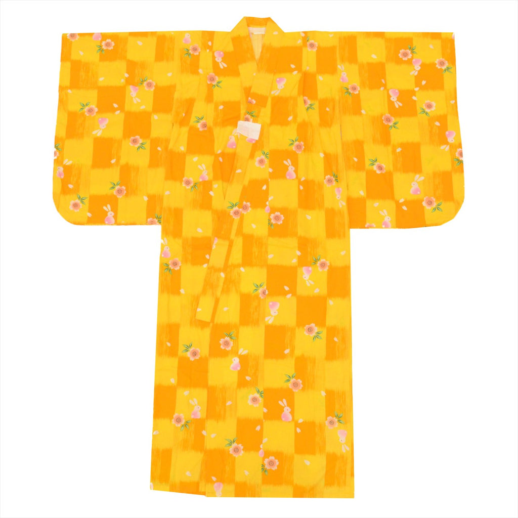 Vintage Japanese Yukata | Girl's Yukata | Yellow Cotton | Rabbit Floral Pattern | Kids Size 140 | Sustainable | uu0531b