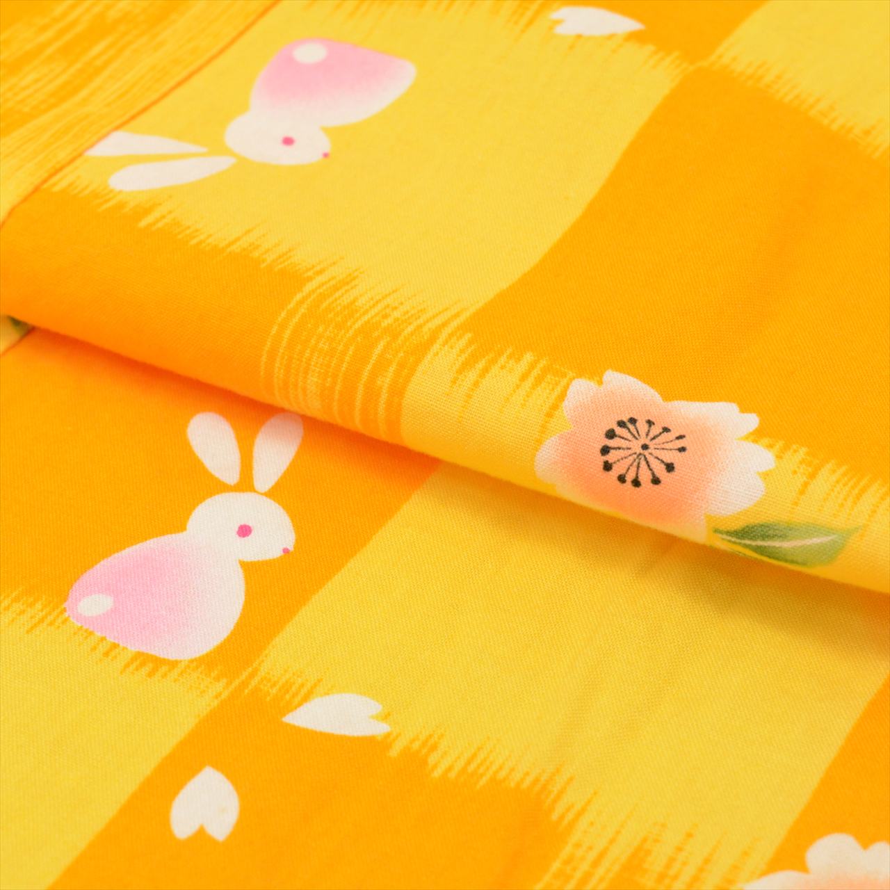 Vintage Japanese Yukata | Girl's Yukata | Yellow Cotton | Rabbit Floral Pattern | Kids Size 140 | Sustainable | uu0531b