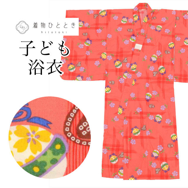 【中古】 リサイクル 浴衣 女の子 単品 木綿 キッズ 130サイズ オレンジ色系 鈴 花文様 コーマ地 uu0532b