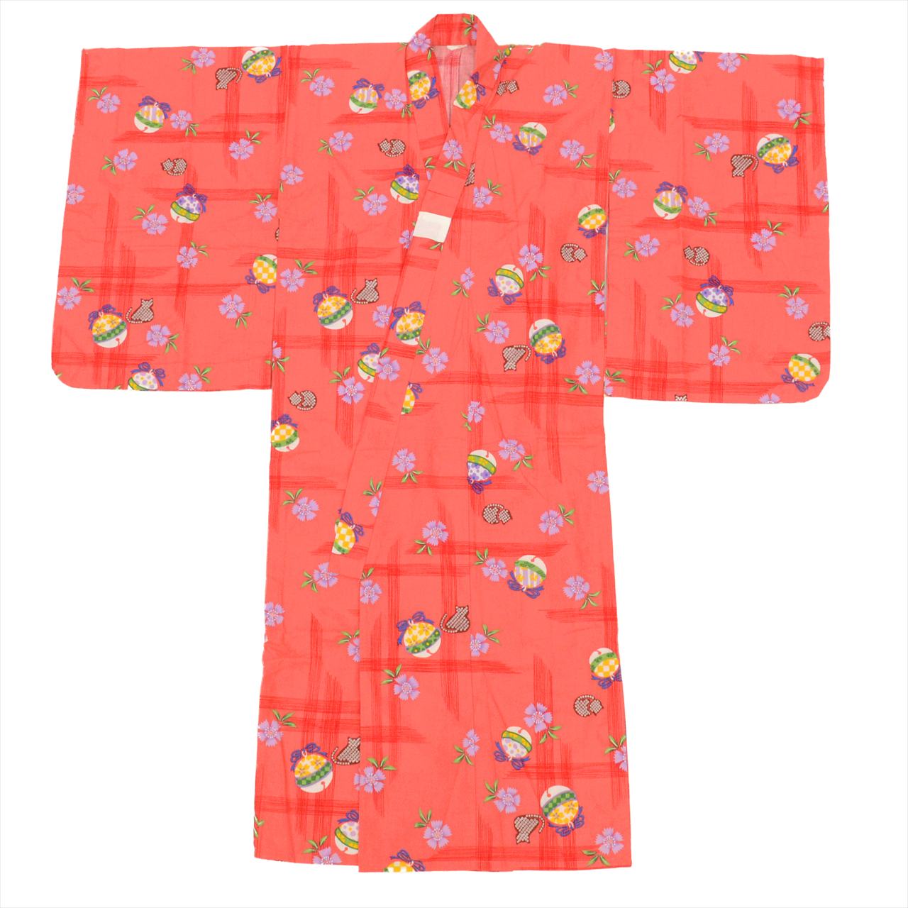 Vintage Japanese Yukata | Girl's Yukata | Orange Pink Cotton | Bell Floral Pattern | Kids Size 130 | Sustainable | uu0532b