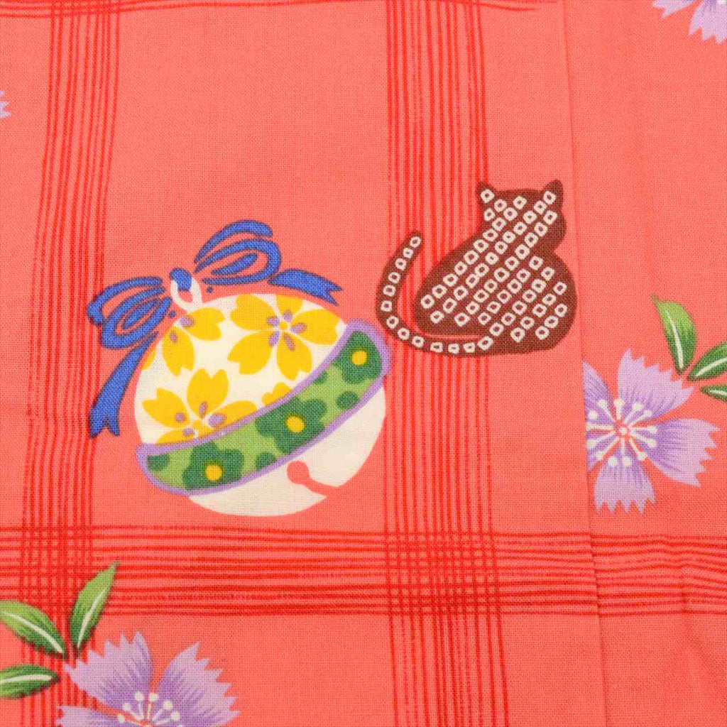 Vintage Japanese Yukata | Girl's Yukata | Orange Pink Cotton | Bell Floral Pattern | Kids Size 130 | Sustainable | uu0532b