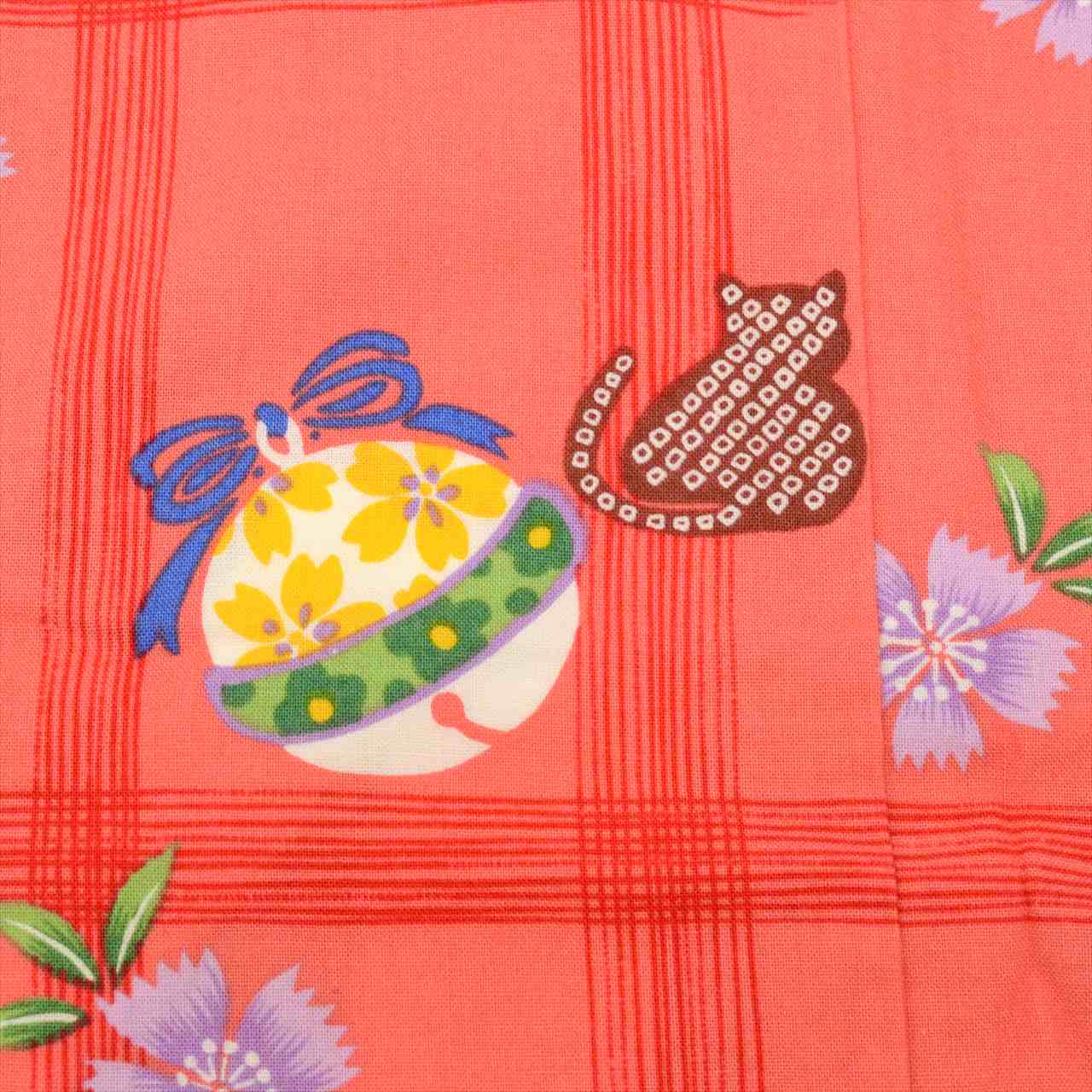 Vintage Japanese Yukata | Girl's Yukata | Orange Pink Cotton | Bell Floral Pattern | Kids Size 130 | Sustainable | uu0532b