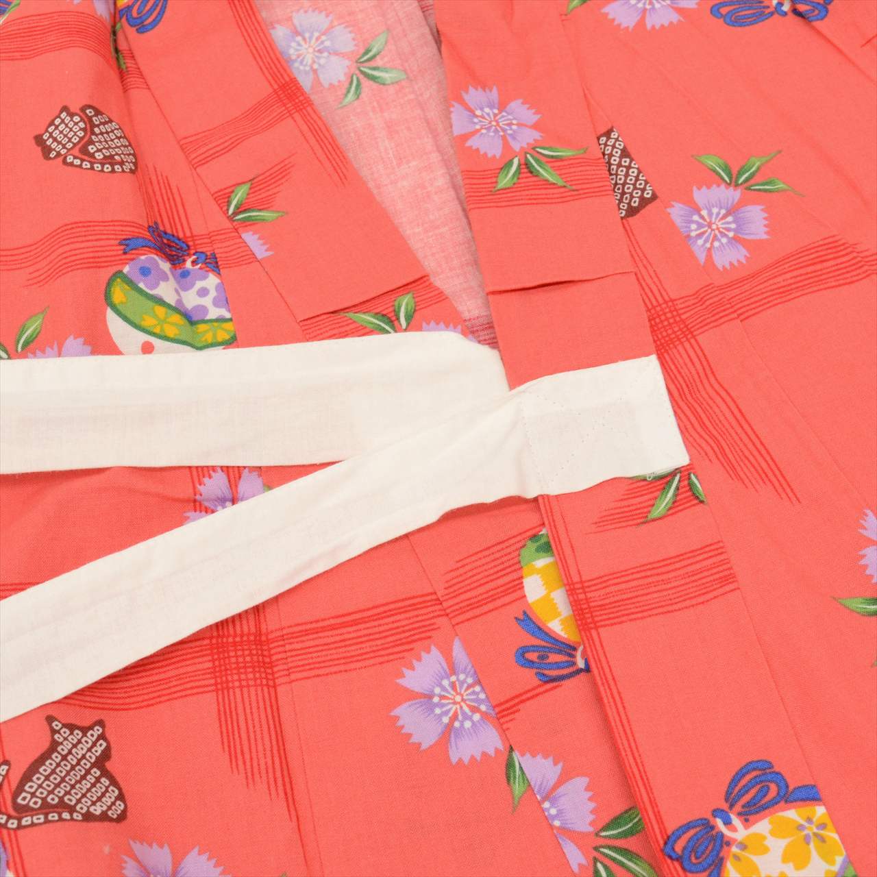 Vintage Japanese Yukata | Girl's Yukata | Orange Pink Cotton | Bell Floral Pattern | Kids Size 130 | Sustainable | uu0532b