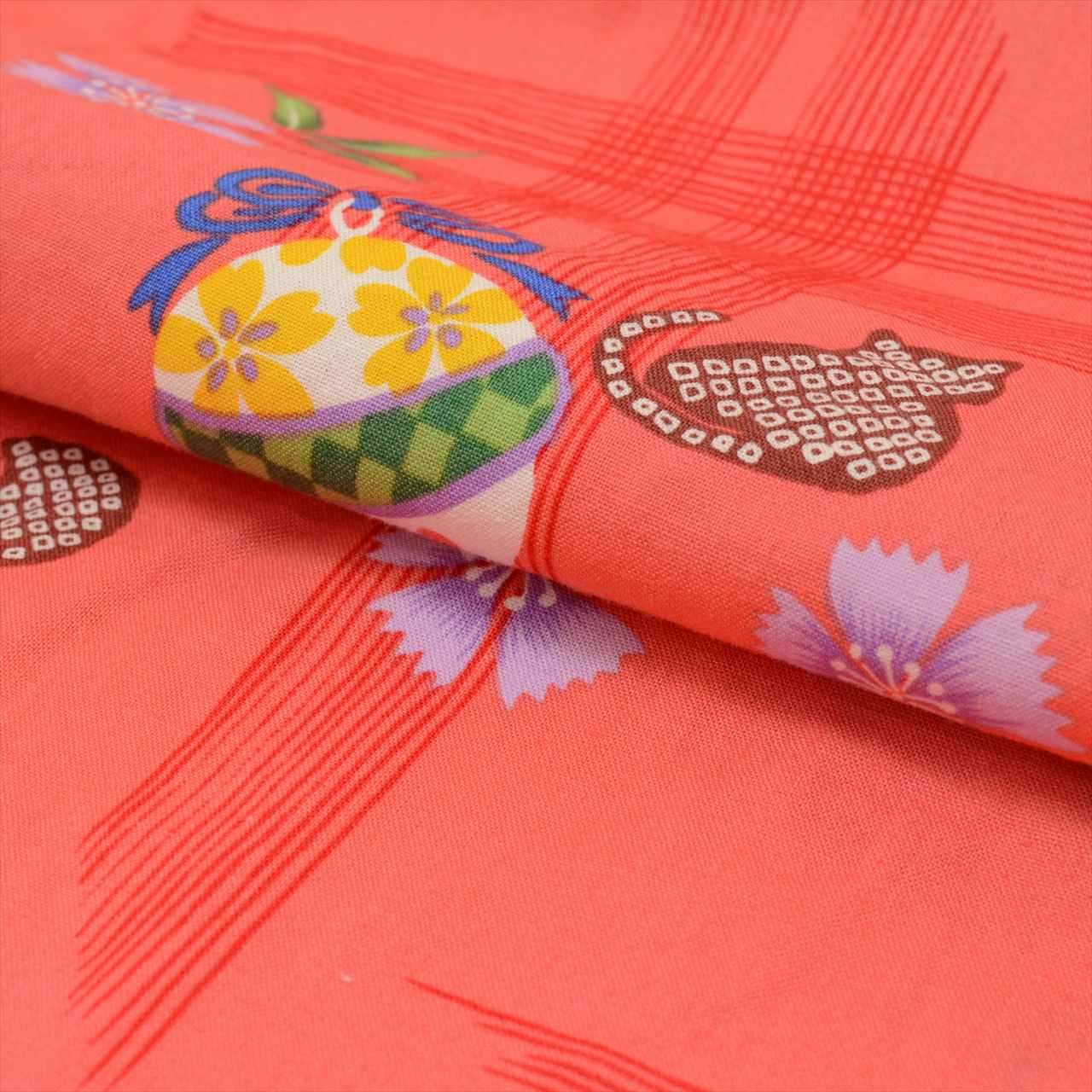 Vintage Japanese Yukata | Girl's Yukata | Orange Pink Cotton | Bell Floral Pattern | Kids Size 130 | Sustainable | uu0532b