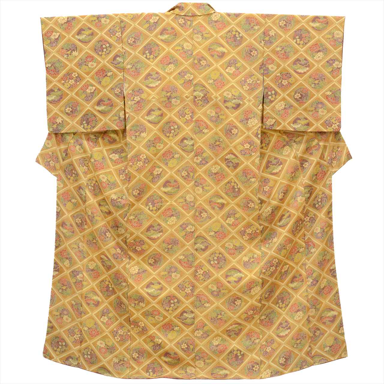 [Used] Komon (small patterned) recycled kimono, pure silk, lined, length 158cm (size M), sleeve length 63cm, brown tones, diamond and floral pattern, crepe fabric, high quality, semi-formal, spring, summer, autumn, winter, ready-made. 