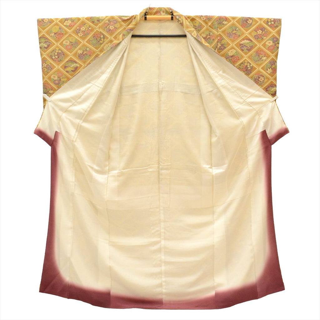 [Used] Komon (small patterned) recycled kimono, pure silk, lined, length 158cm (size M), sleeve length 63cm, brown tones, diamond and floral pattern, crepe fabric, high quality, semi-formal, spring, summer, autumn, winter, ready-made. 