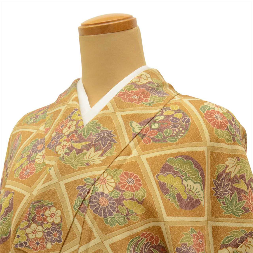 [Used] Komon (small patterned) recycled kimono, pure silk, lined, length 158cm (size M), sleeve length 63cm, brown tones, diamond and floral pattern, crepe fabric, high quality, semi-formal, spring, summer, autumn, winter, ready-made. 