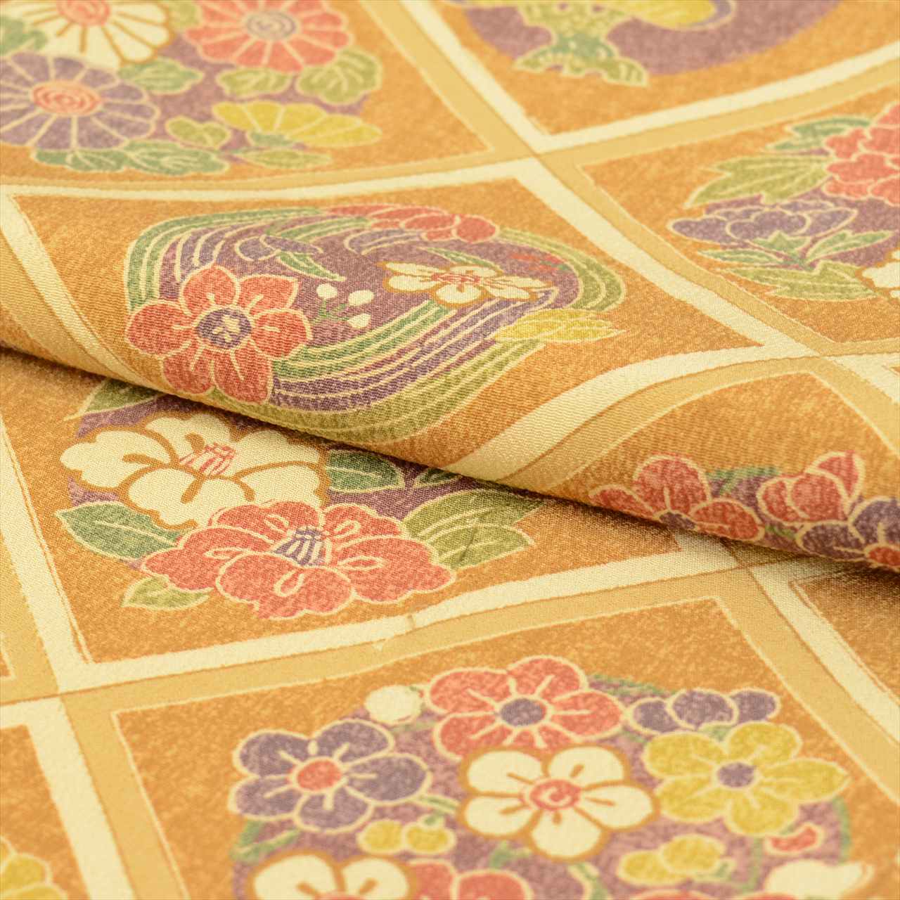 [Used] Komon (small patterned) recycled kimono, pure silk, lined, length 158cm (size M), sleeve length 63cm, brown tones, diamond and floral pattern, crepe fabric, high quality, semi-formal, spring, summer, autumn, winter, ready-made. 