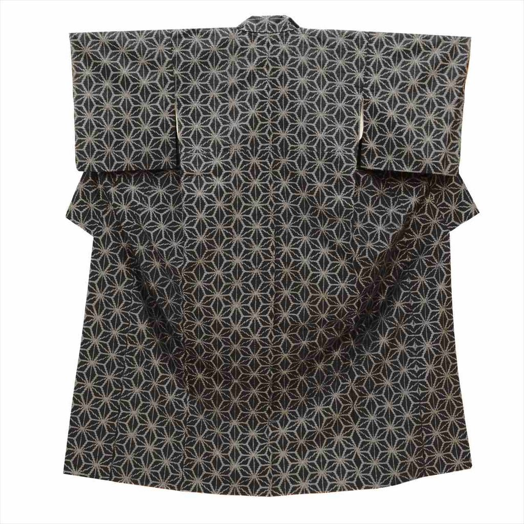 Vintage Japanese Kimono | Tsumugi | Black Silk | Hemp Leaf Pattern | Size M | Sustainable | uu0556b