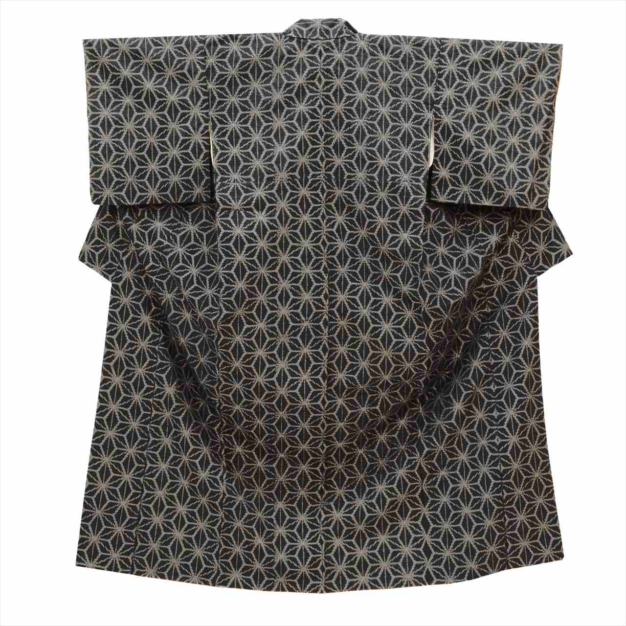 Vintage Japanese Kimono | Tsumugi | Black Silk | Hemp Leaf Pattern | Size M | Sustainable | uu0556b