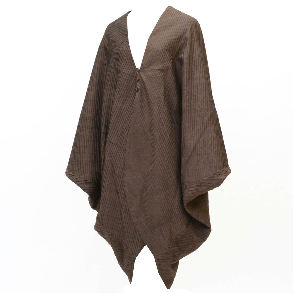 Vintage Japanese Kimono | Oshima Tsumugi Poncho-style Coat | Brown Silk | Diagonal Stripe | Mud-dyed | Sustainable | uu0591b