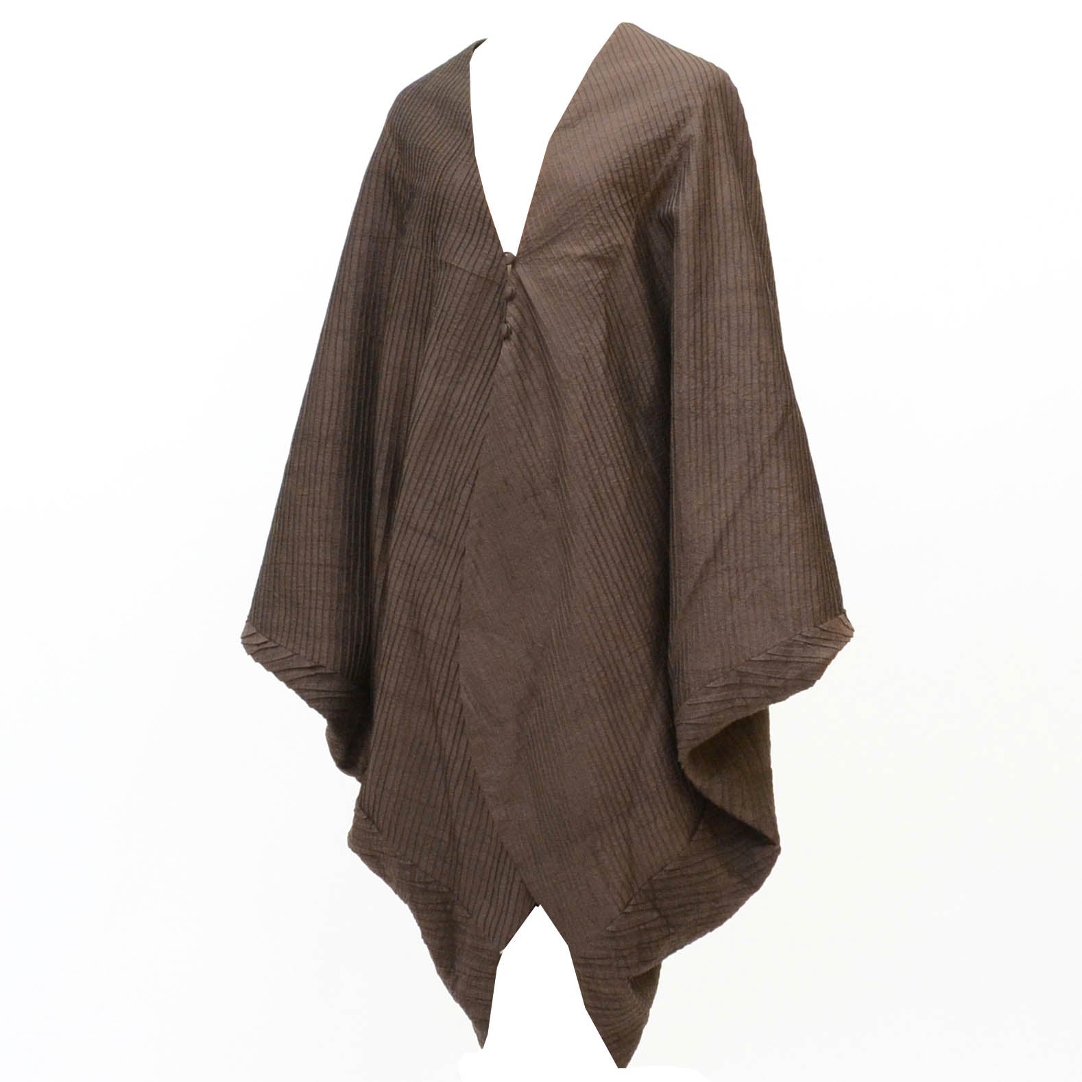 Vintage Japanese Kimono | Oshima Tsumugi Poncho-style Coat | Brown Silk | Diagonal Stripe | Mud-dyed | Sustainable | uu0591b