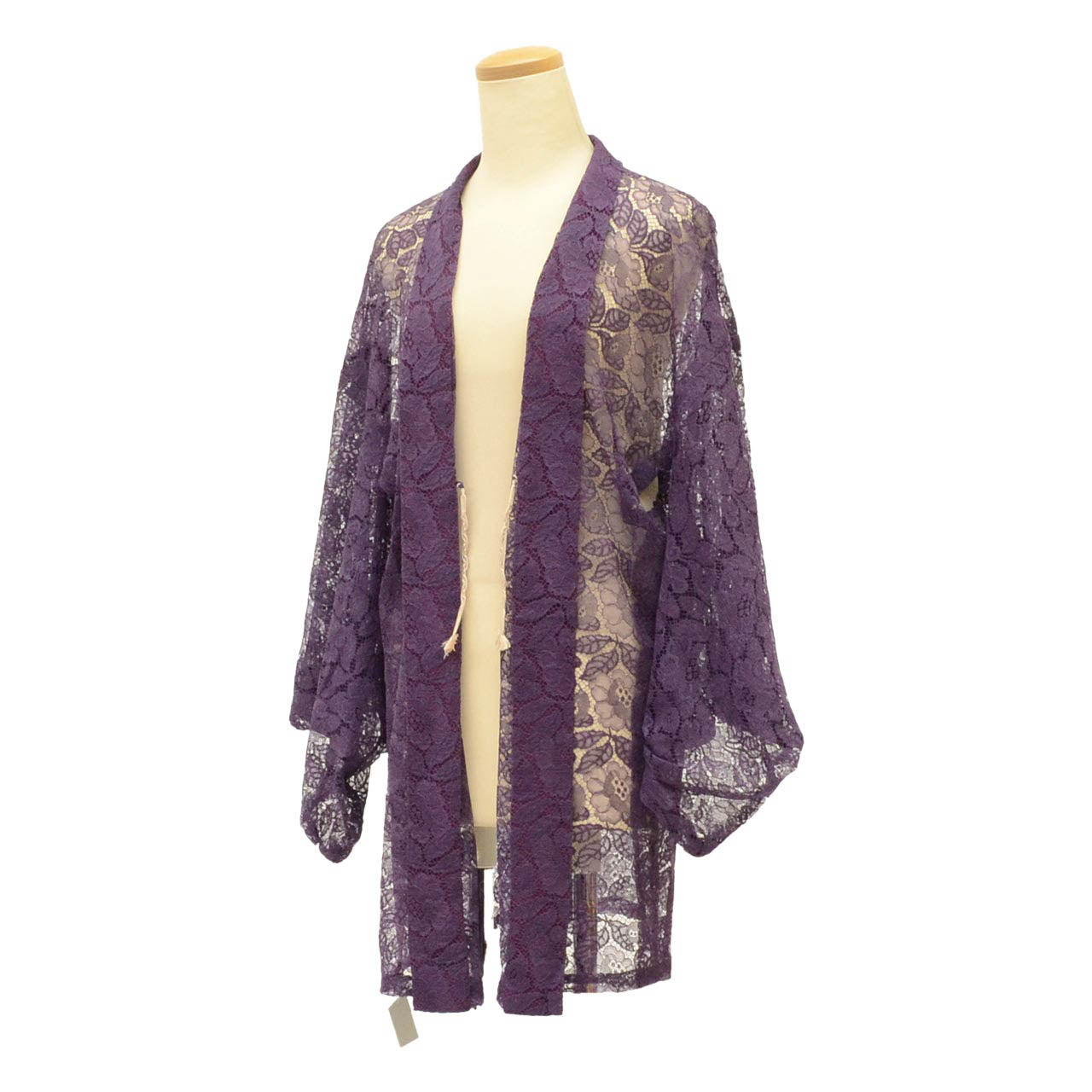[Used] Summer Haori (Japanese jacket), Synthetic fiber, Lace, Recycled haori, Sleeve length 71.0cm (28.0in), Body length 83.5cm (32.9in), Purple, Floral pattern, Comes with haori cord uu0599b 