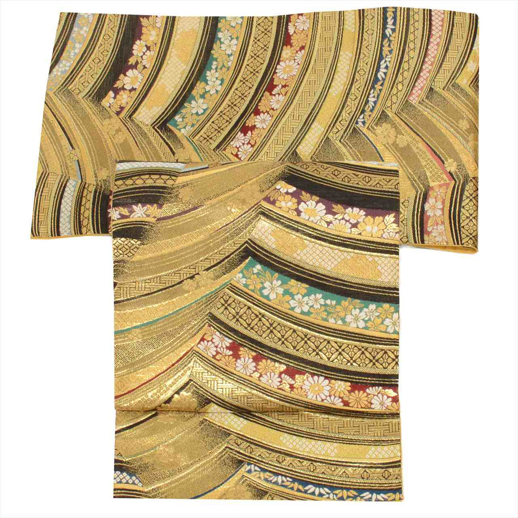 Vintage Japanese Obi | Fukuro Obi | Gold Silk | Floral | Hikihaku | Furisode | Sustainable | uu0652b
