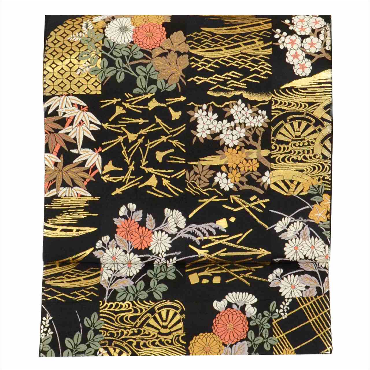 Vintage Japanese Obi | Fukuro Obi | Black Silk | Chrysanthemum Stream | Hikihaku Kara-ori | Artist Signed | Sustainable | uu0655b