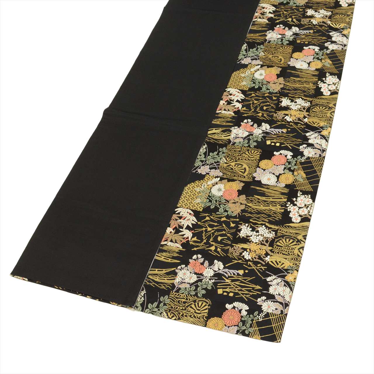 Vintage Japanese Obi | Fukuro Obi | Black Silk | Chrysanthemum Stream | Hikihaku Kara-ori | Artist Signed | Sustainable | uu0655b