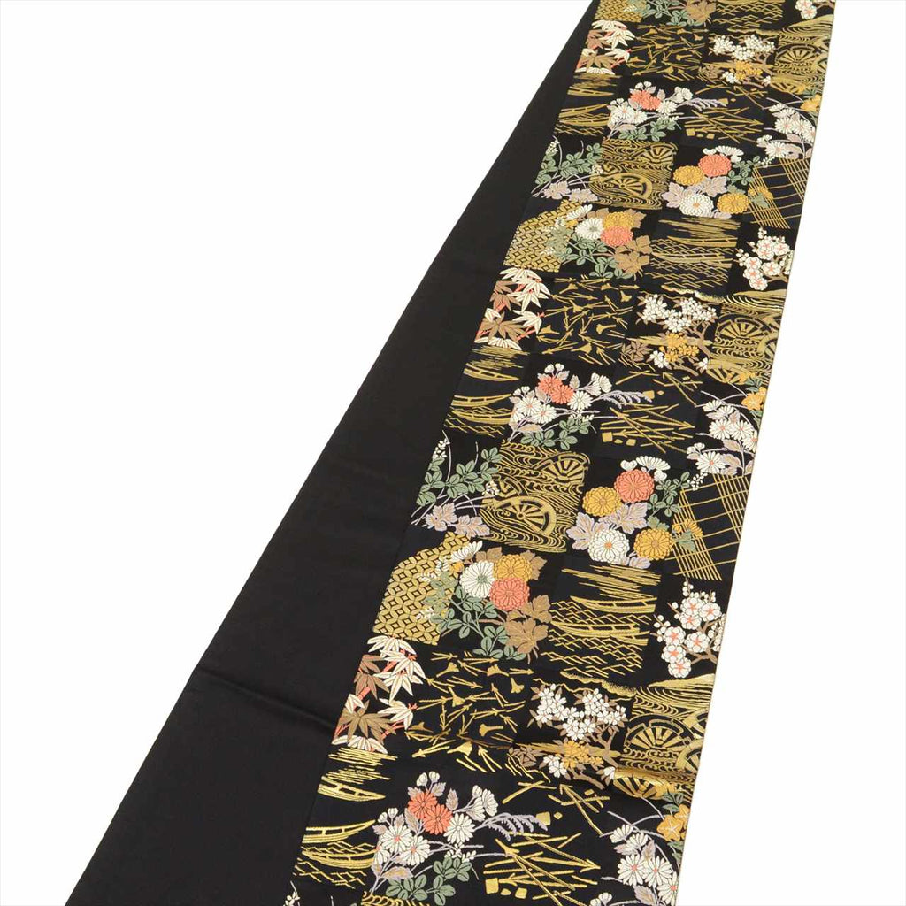 Vintage Japanese Obi | Fukuro Obi | Black Silk | Chrysanthemum Stream | Hikihaku Kara-ori | Artist Signed | Sustainable | uu0655b