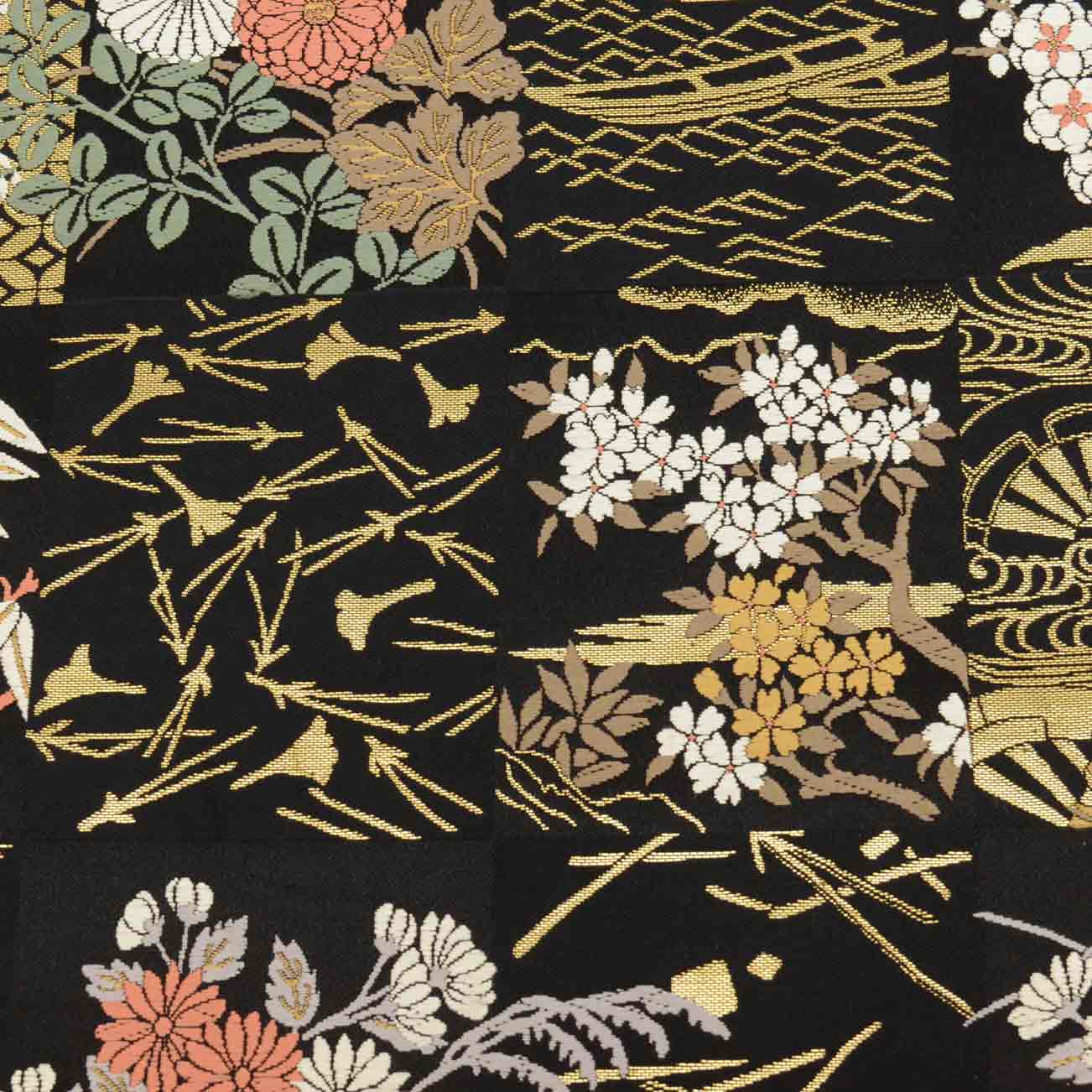 Vintage Japanese Obi | Fukuro Obi | Black Silk | Chrysanthemum Stream | Hikihaku Kara-ori | Artist Signed | Sustainable | uu0655b