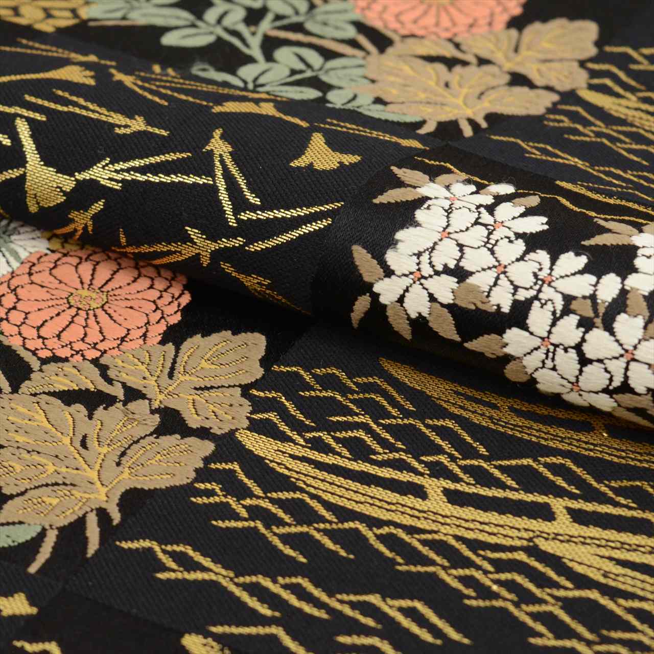 Vintage Japanese Obi | Fukuro Obi | Black Silk | Chrysanthemum Stream | Hikihaku Kara-ori | Artist Signed | Sustainable | uu0655b