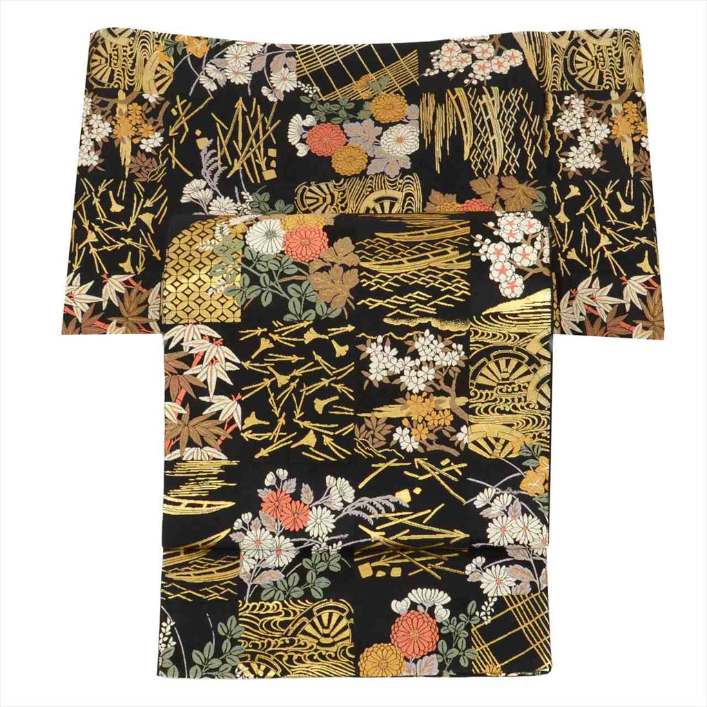 Vintage Japanese Obi | Fukuro Obi | Black Silk | Chrysanthemum Stream | Hikihaku Kara-ori | Artist Signed | Sustainable | uu0655b