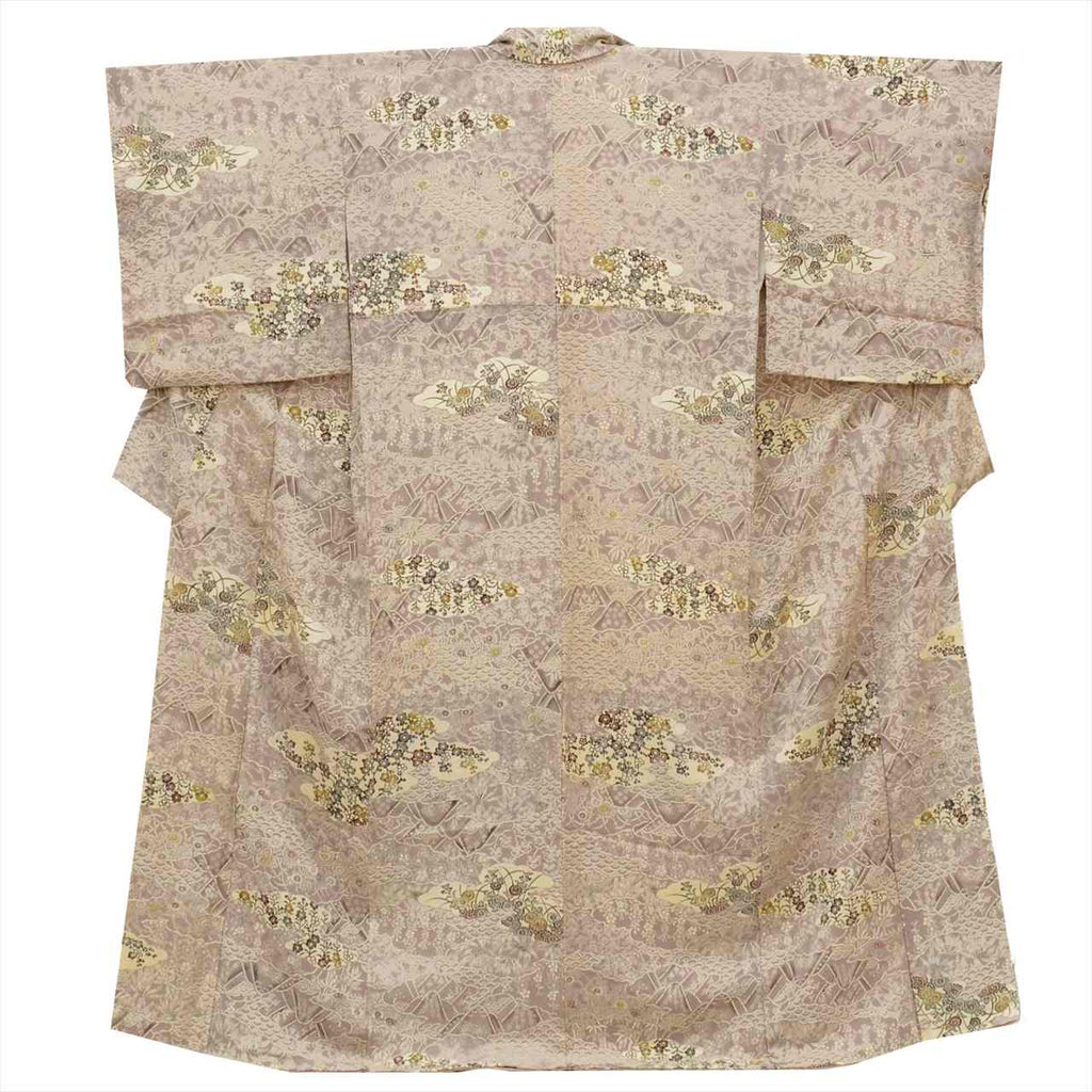 [Used] Komon (small patterned) recycled kimono, pure silk, lined, length 158.5cm (62.4in) (size M), sleeve length 67.5cm (26.6in), purple, floral pattern, stencil dyed, high quality, semi-formal, spring, summer, autumn, winter, ready-made. 