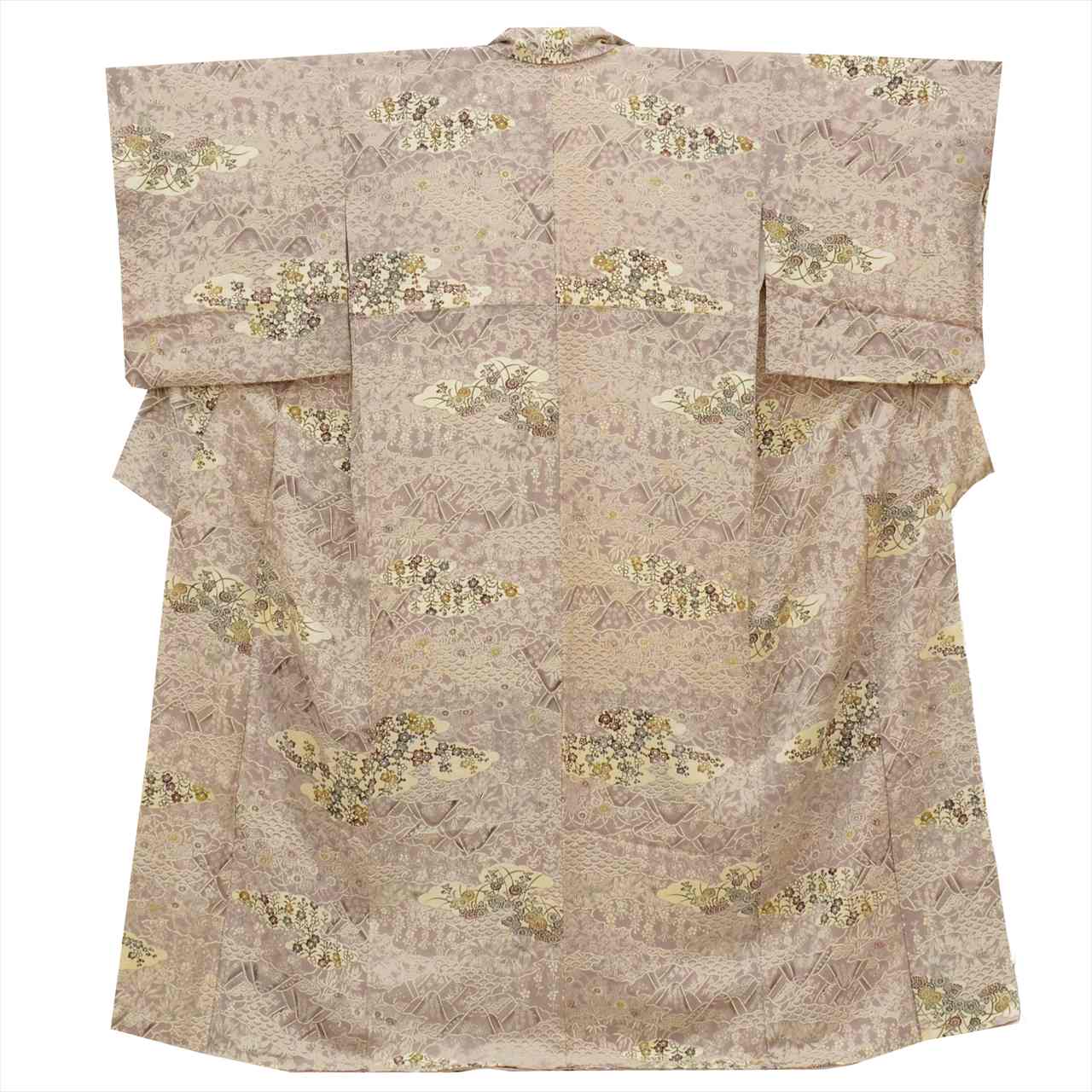 [Used] Komon (small patterned) recycled kimono, pure silk, lined, length 158.5cm (62.4in) (size M), sleeve length 67.5cm (26.6in), purple, floral pattern, stencil dyed, high quality, semi-formal, spring, summer, autumn, winter, ready-made. 