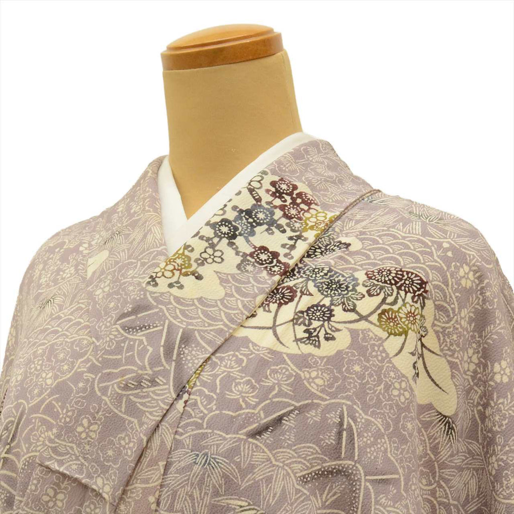 [Used] Komon (small patterned) recycled kimono, pure silk, lined, length 158.5cm (62.4in) (size M), sleeve length 67.5cm (26.6in), purple, floral pattern, stencil dyed, high quality, semi-formal, spring, summer, autumn, winter, ready-made. 