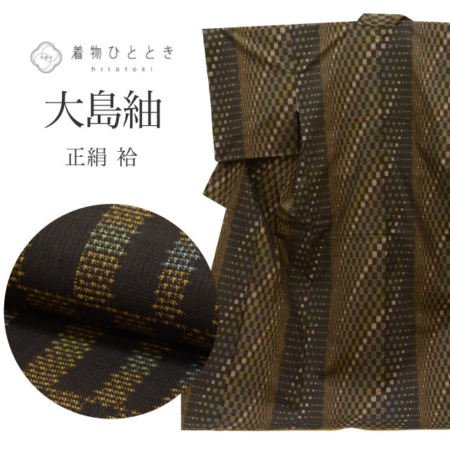 【中古】 大島紬 着物 正絹 リサイクル 身丈168.7cm LL 裄69cm 袷 泥染め 美品 未使用品 仕立て上がり 茶色系 市松文様 【 紬 紬の着物 リサイクル紬 正絹 袷 紬 着物 中古 古着 アウトレット 送料無料】uu0662b