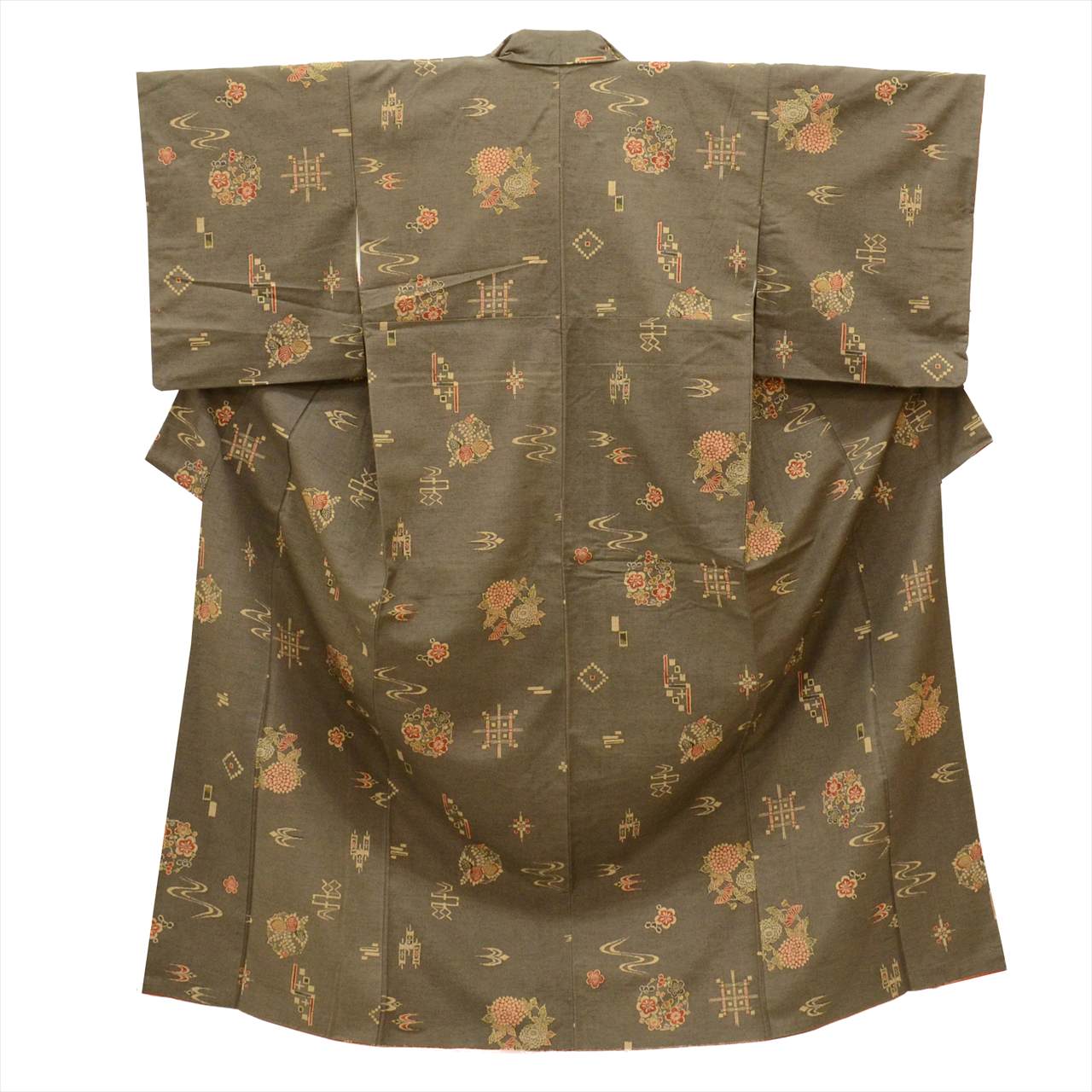 Vintage Japanese Kimono | Oshima Tsumugi | Green Silk | Flower Circle Stream Pattern | Size M | Sustainable | uu0669b