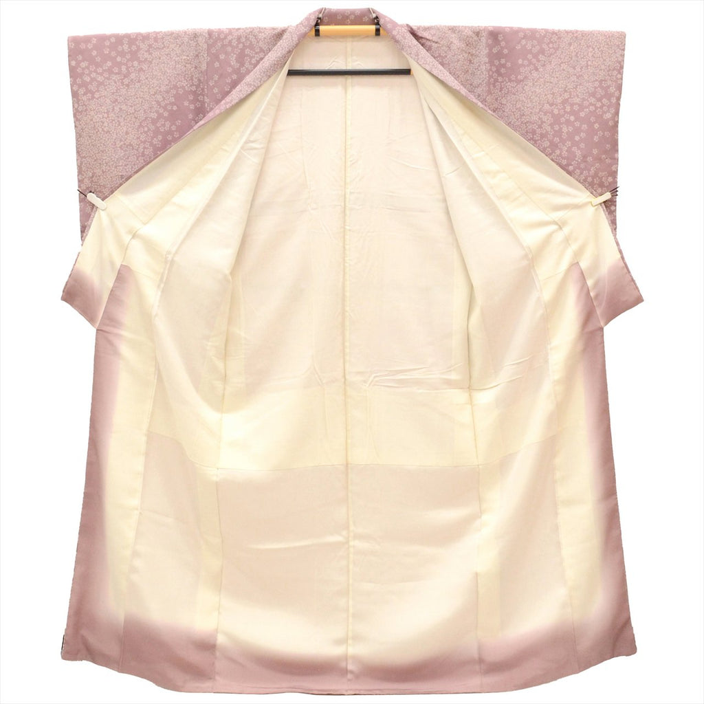 [Used] Komon (small patterned) recycled kimono, pure silk, lined, length 159.0cm (62.6in) (size M), sleeve length 63.5cm (25.0in), unused, purple, cherry blossom pattern, crepe fabric, high quality, semi-formal, spring, summer, autumn, winter, ready-made. 