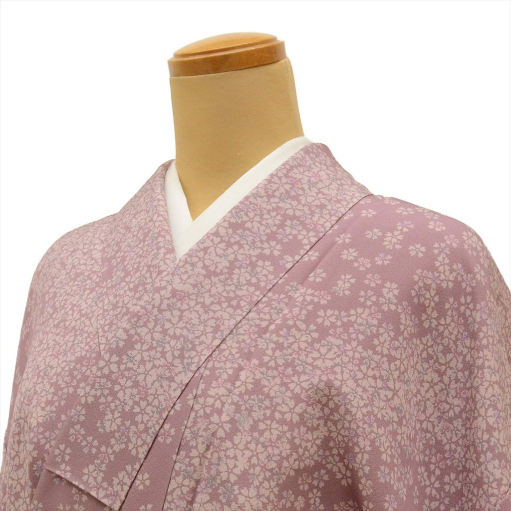 [Used] Komon (small patterned) recycled kimono, pure silk, lined, length 159.0cm (62.6in) (size M), sleeve length 63.5cm (25.0in), unused, purple, cherry blossom pattern, crepe fabric, high quality, semi-formal, spring, summer, autumn, winter, ready-made. 