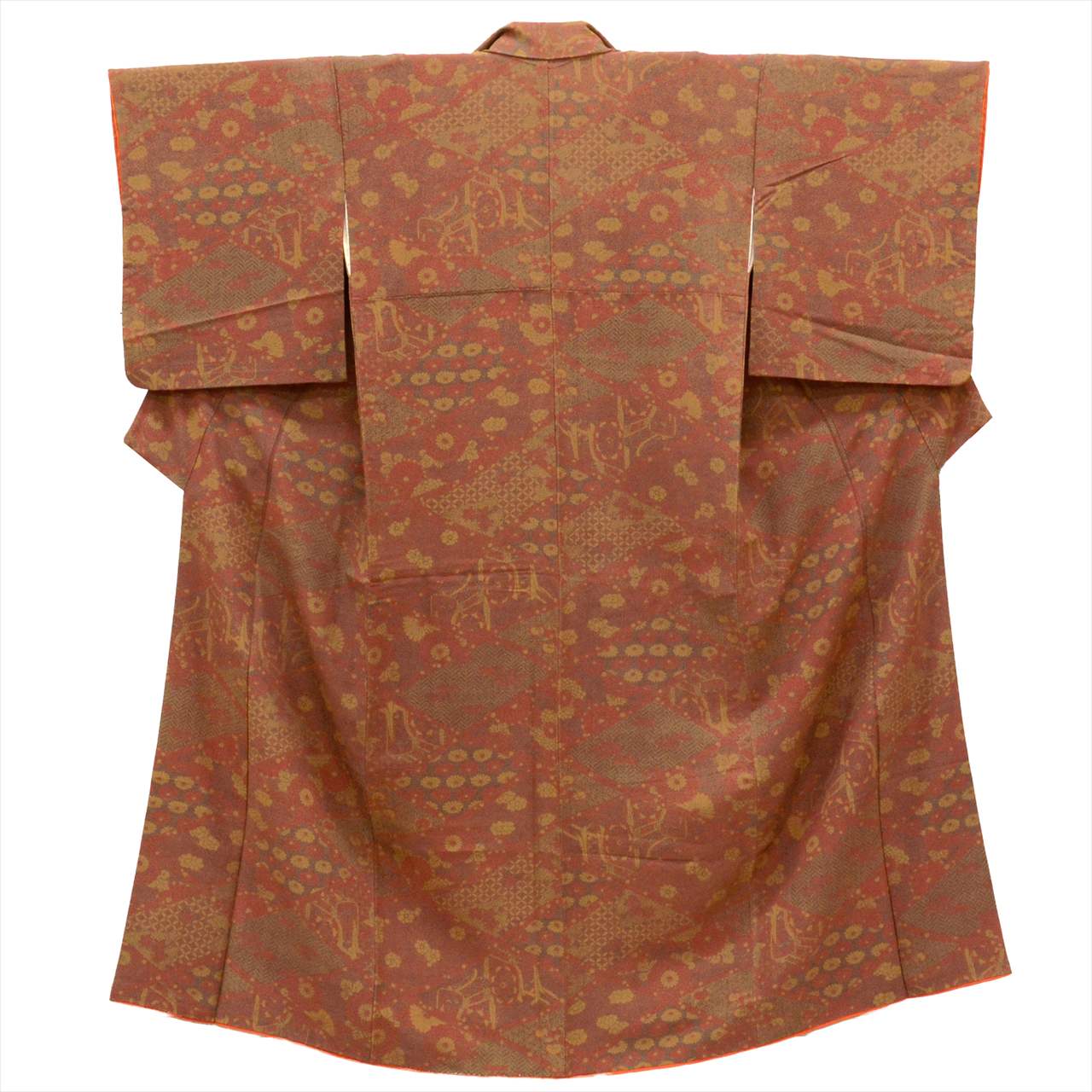 [Used] Komon (small patterned) recycled kimono, pure silk, lined, length 150cm (size S), sleeve length 63cm, reddish color, diamond and plant pattern, crepe fabric, high quality, semi-formal, spring, summer, autumn, winter, ready-made. 