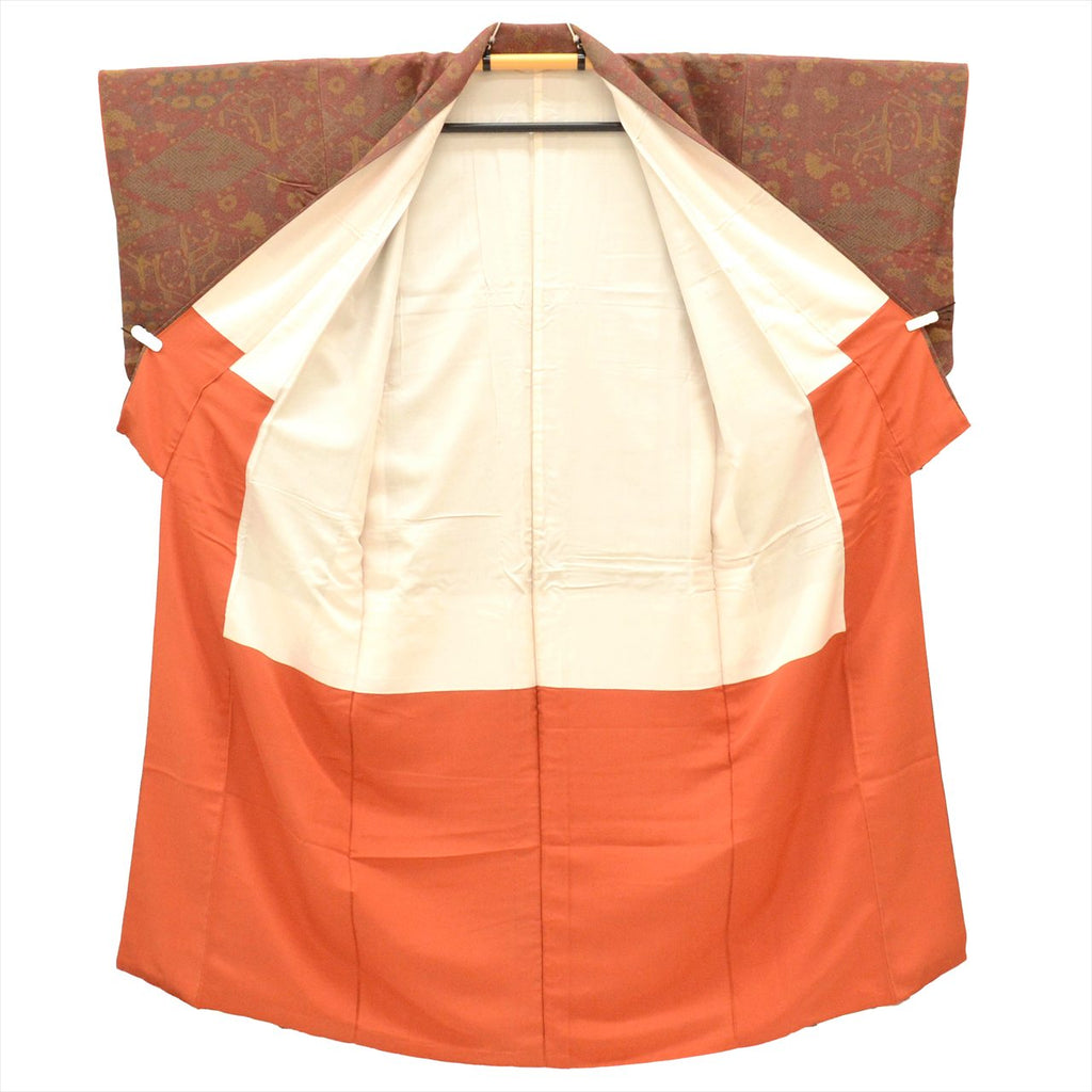 [Used] Komon (small patterned) recycled kimono, pure silk, lined, length 150cm (size S), sleeve length 63cm, reddish color, diamond and plant pattern, crepe fabric, high quality, semi-formal, spring, summer, autumn, winter, ready-made. 