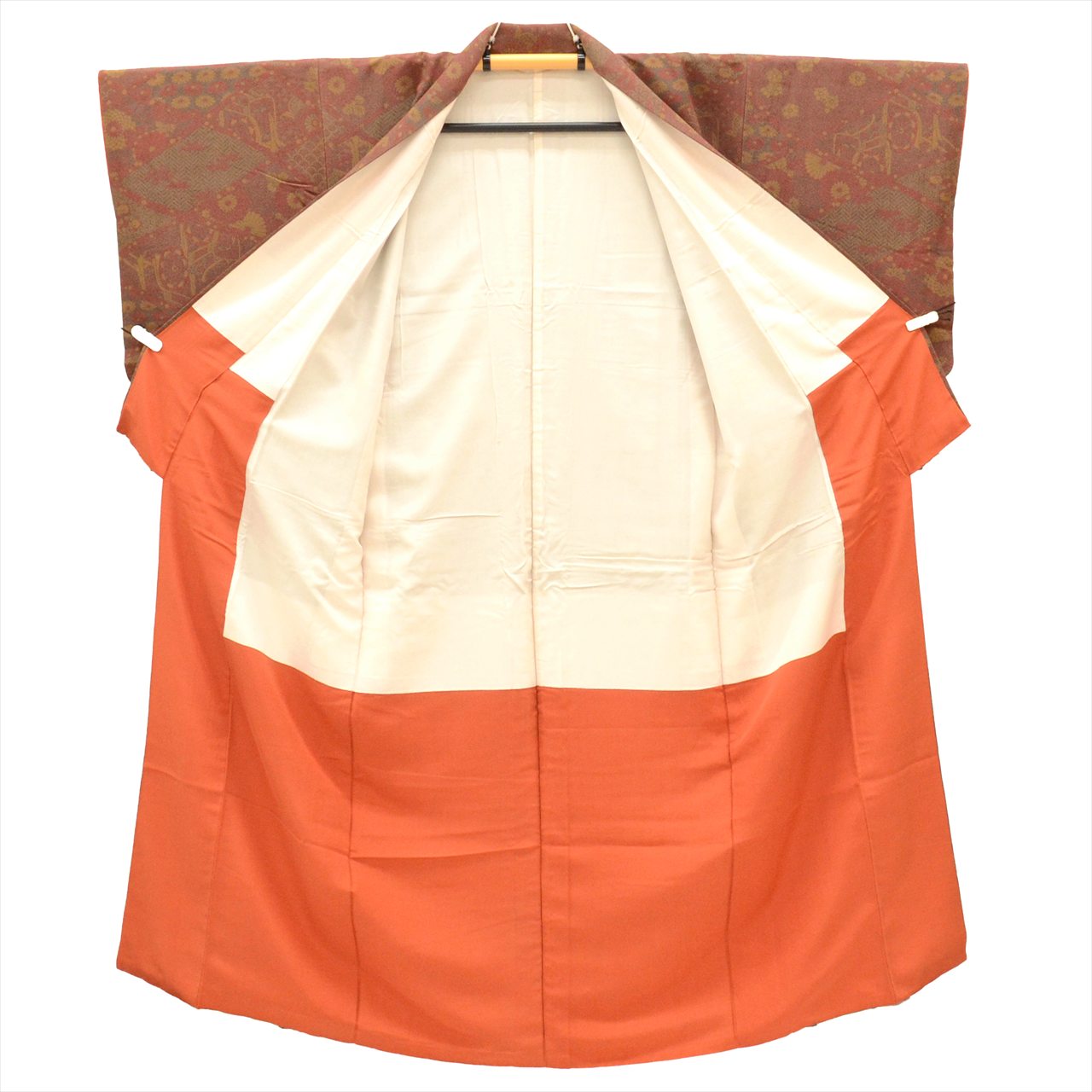 [Used] Komon (small patterned) recycled kimono, pure silk, lined, length 150cm (size S), sleeve length 63cm, reddish color, diamond and plant pattern, crepe fabric, high quality, semi-formal, spring, summer, autumn, winter, ready-made. 