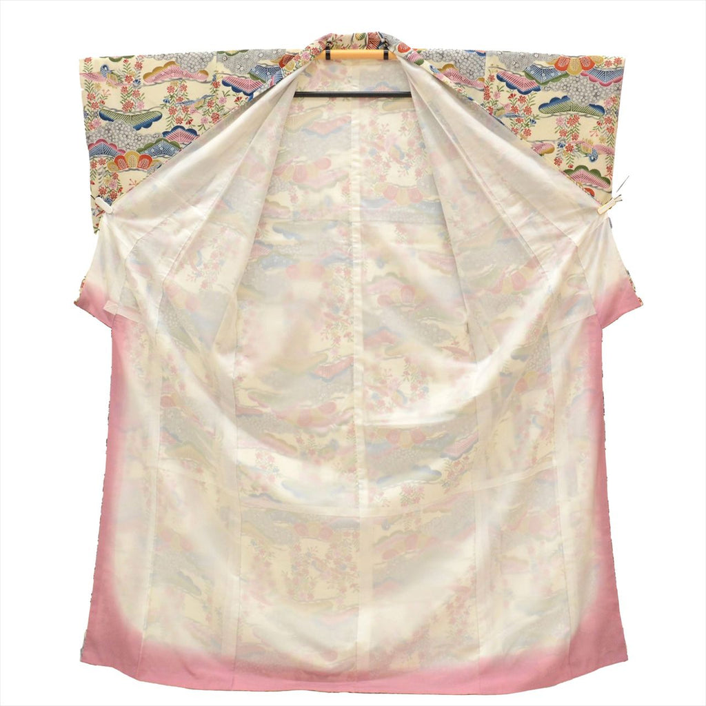 [Used] Komon (small patterned) recycled kimono, synthetic fiber, lined, length 164.0cm (64.6in) (size L), sleeve length 64.5cm (25.4in), white, pine and flower pattern, washable, high quality, semi-formal, spring, summer, autumn, winter, ready-made. 