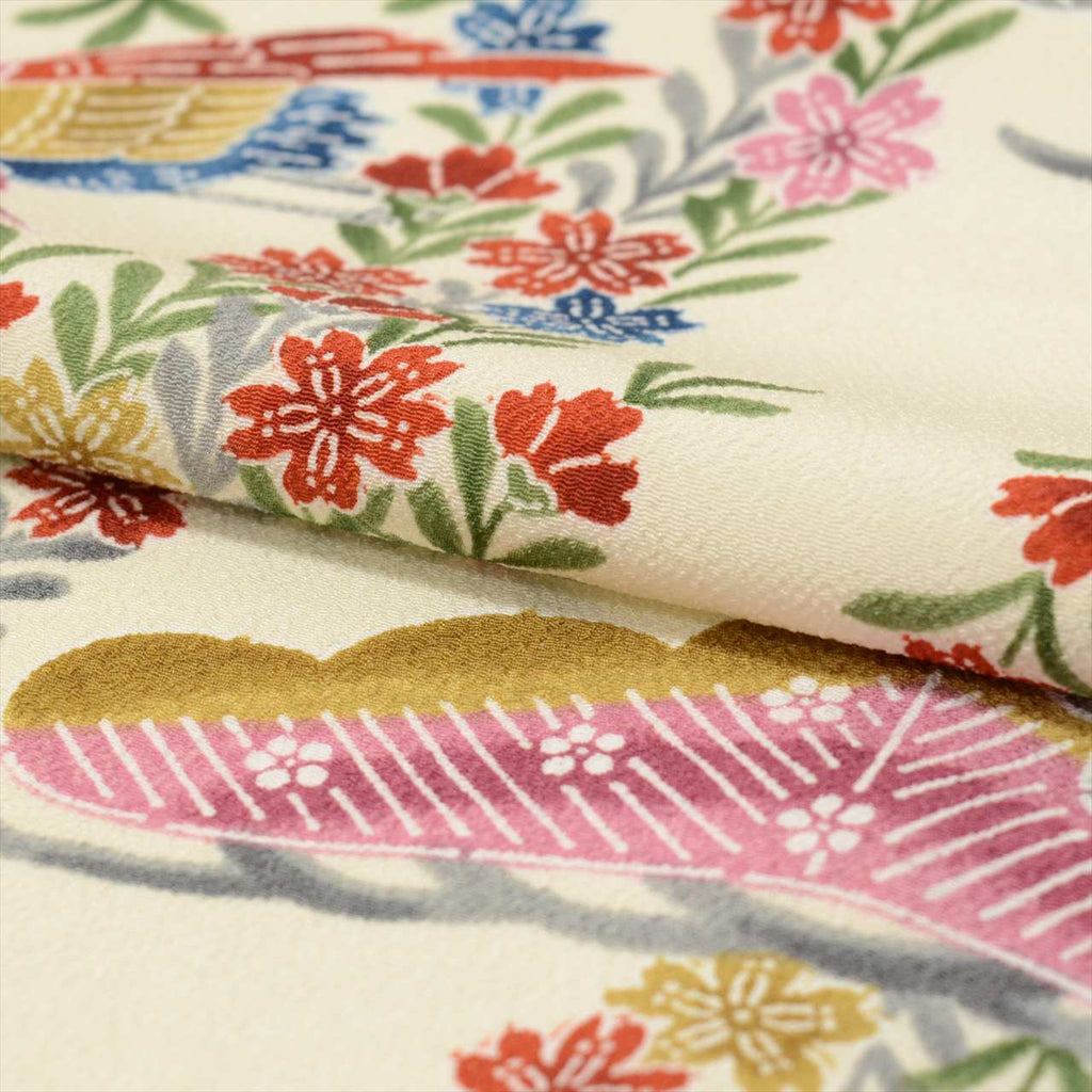 [Used] Komon (small patterned) recycled kimono, synthetic fiber, lined, length 164.0cm (64.6in) (size L), sleeve length 64.5cm (25.4in), white, pine and flower pattern, washable, high quality, semi-formal, spring, summer, autumn, winter, ready-made. 