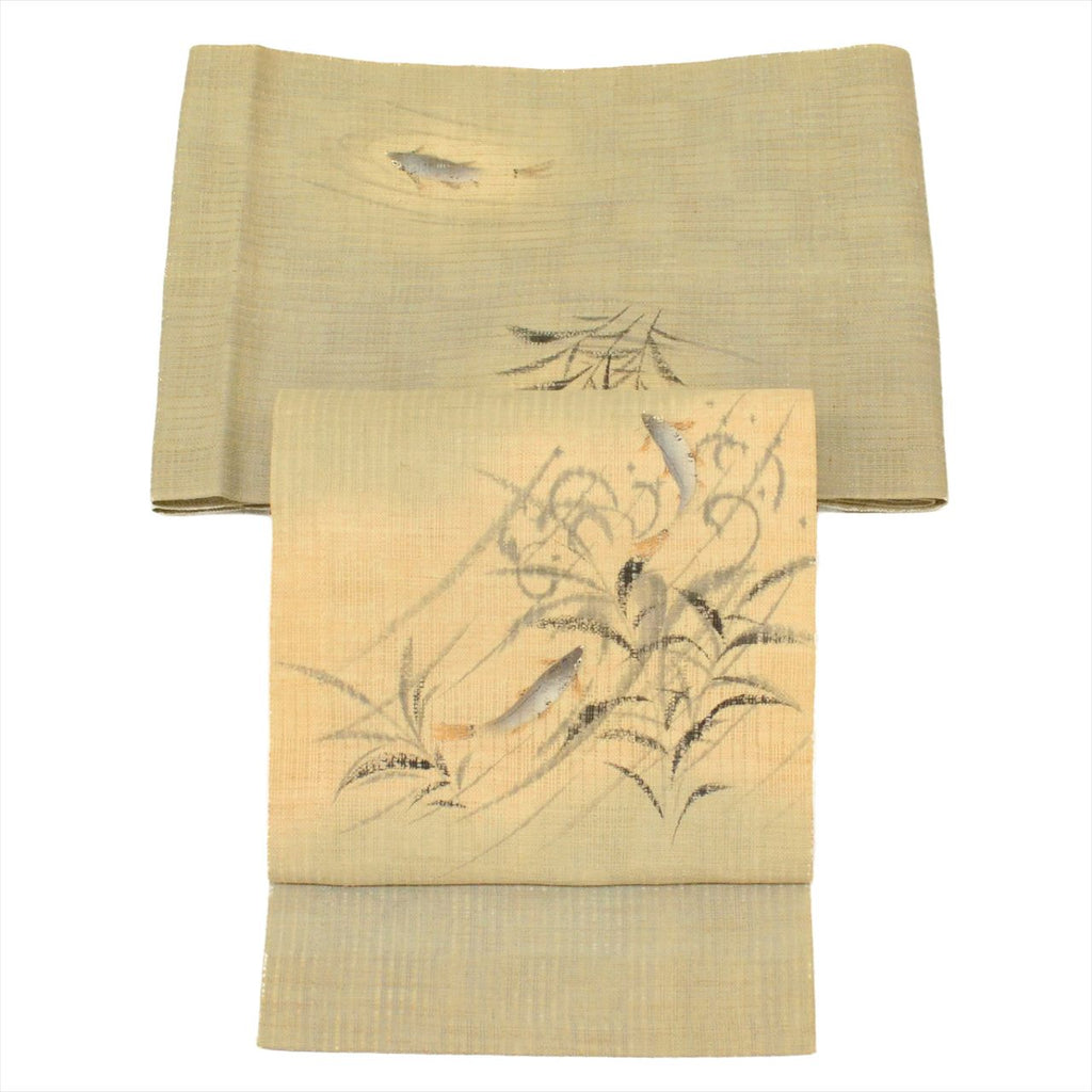Vintage Japanese Obi | Summer Nagoya Obi | Green Linen | Sweetfish Pattern | Antique | Nine-sun | Sustainable | uu0706b