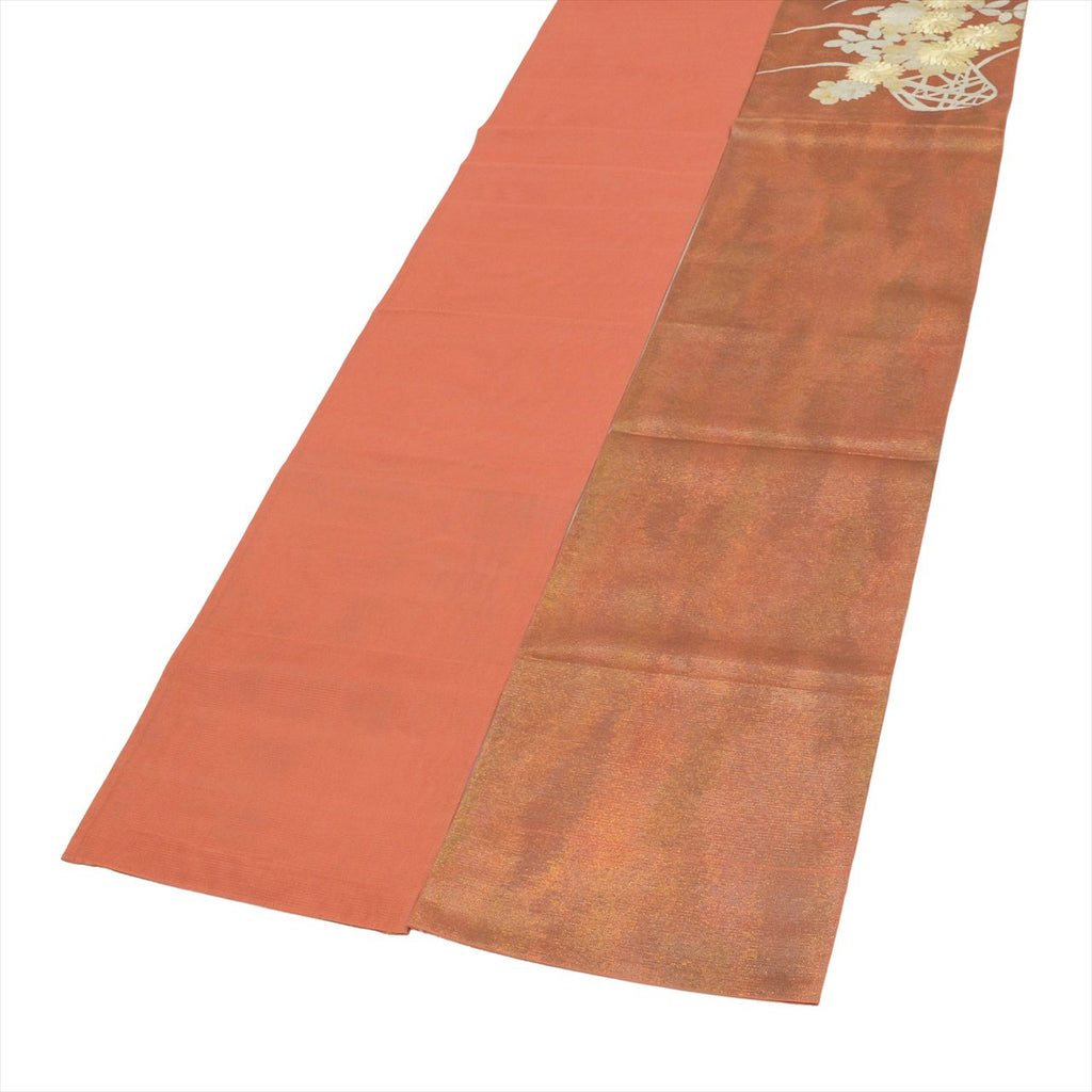 Vintage Japanese Obi | Fukuro Obi | Brown Silk Sha | Chrysanthemum | Embroidery | Sustainable | uu0708b