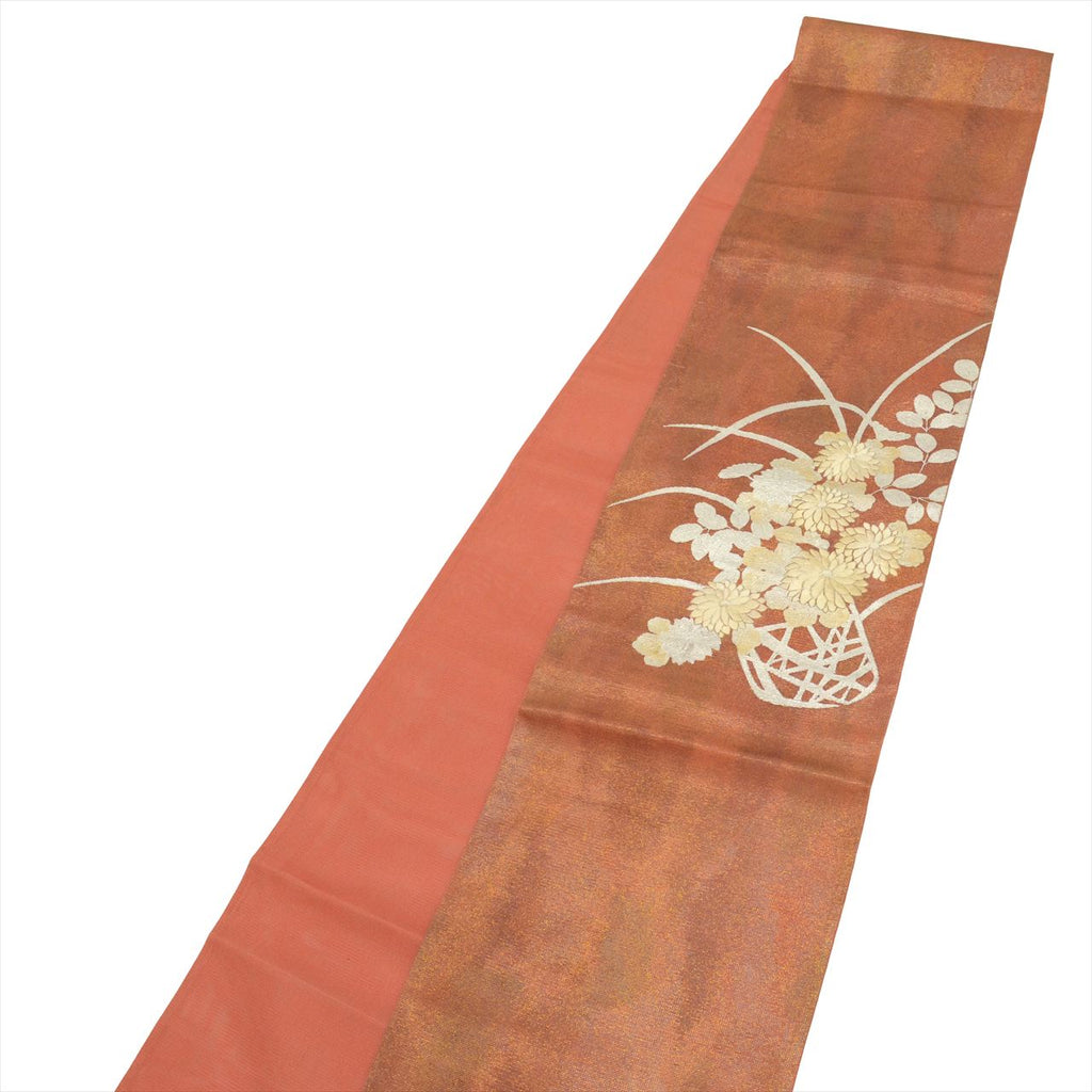 Vintage Japanese Obi | Fukuro Obi | Brown Silk Sha | Chrysanthemum | Embroidery | Sustainable | uu0708b