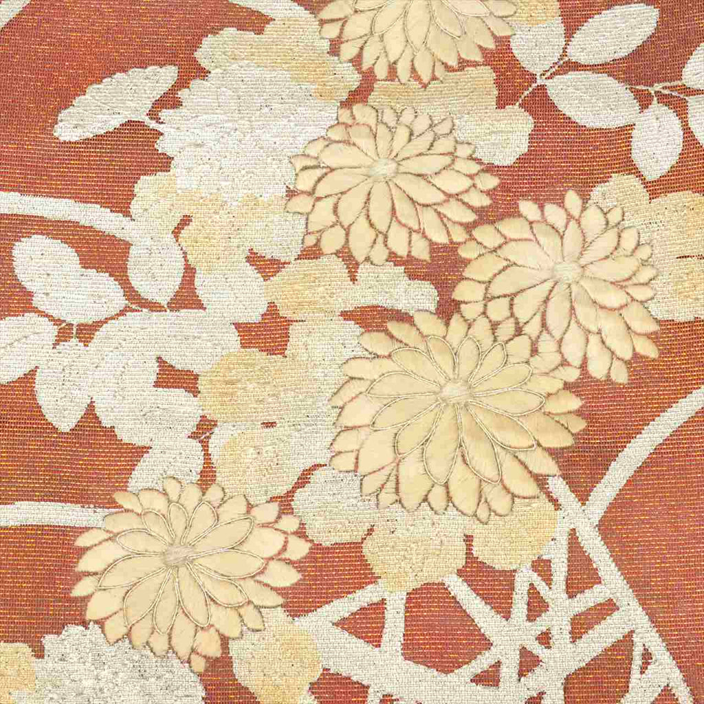 Vintage Japanese Obi | Fukuro Obi | Brown Silk Sha | Chrysanthemum | Embroidery | Sustainable | uu0708b