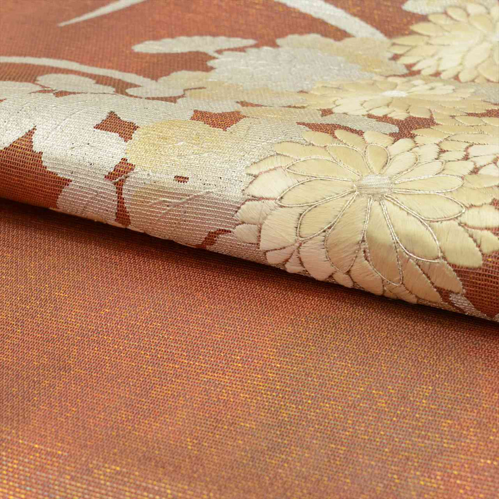 Vintage Japanese Obi | Fukuro Obi | Brown Silk Sha | Chrysanthemum | Embroidery | Sustainable | uu0708b