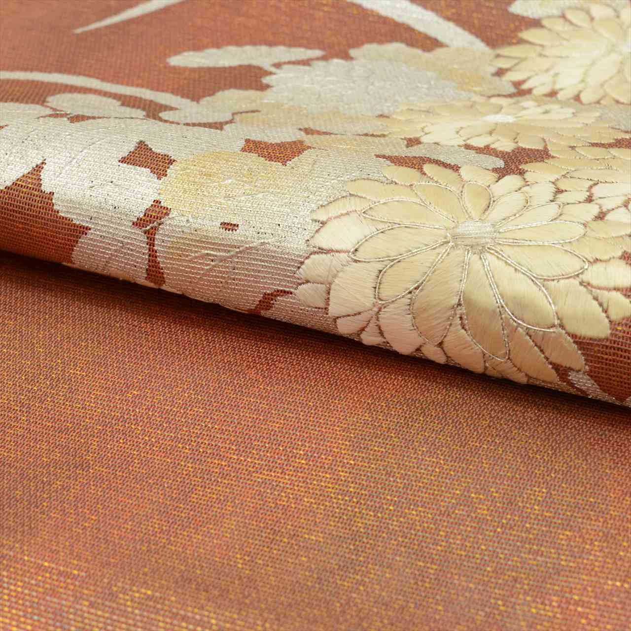 Vintage Japanese Obi | Fukuro Obi | Brown Silk Sha | Chrysanthemum | Embroidery | Sustainable | uu0708b