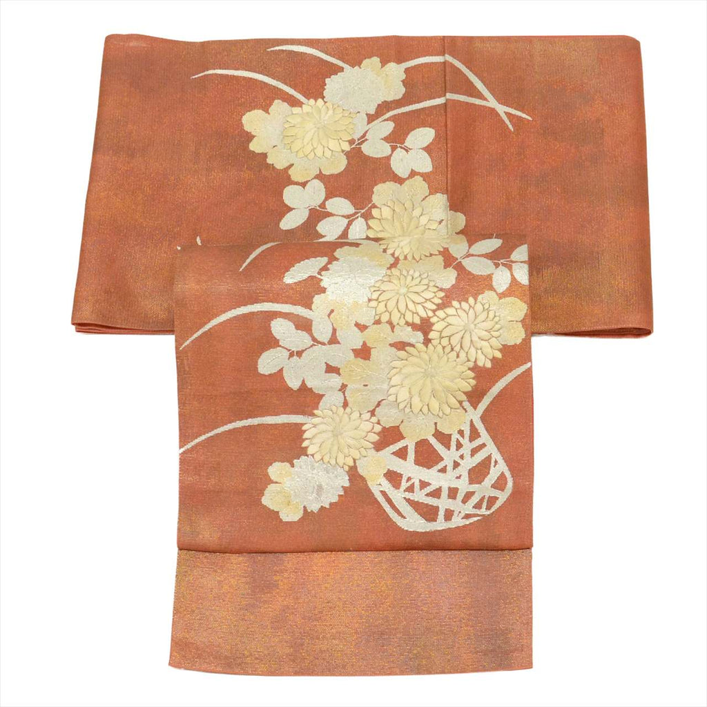 Vintage Japanese Obi | Fukuro Obi | Brown Silk Sha | Chrysanthemum | Embroidery | Sustainable | uu0708b