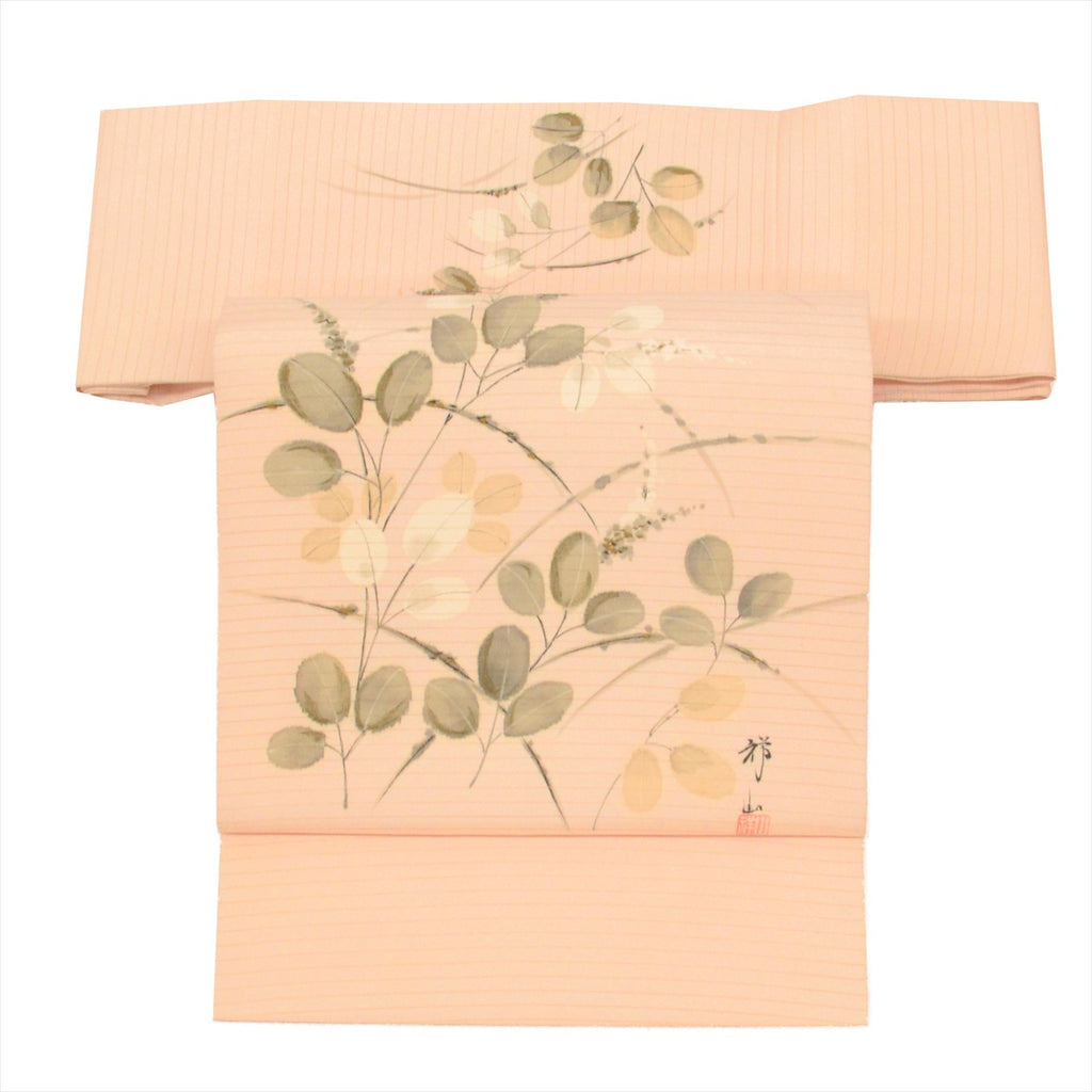 Vintage Japanese Obi | Summer Nagoya Obi | Pink Silk Ro | Hagi Bush Clover | Ink Painting | Artist Signed | Sustainable | uu0711b
