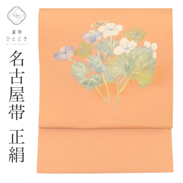 【中古】 リサイクル 名古屋帯 正絹 九寸 仕立て上がり ピンク色系 花文様 和紙 ちぎり絵 お太鼓柄 塩瀬 uu0714b