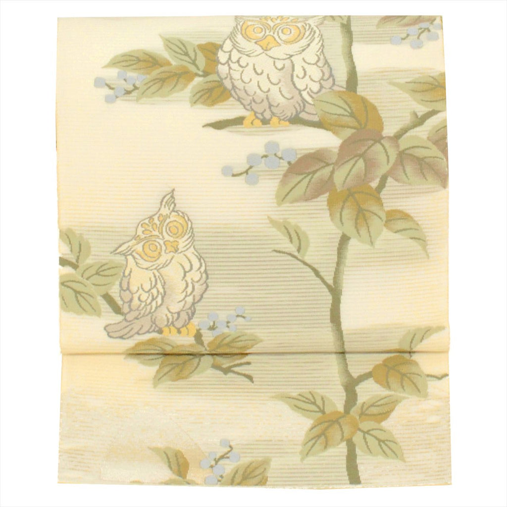 Vintage Japanese Obi | Summer Fukuro Obi | Cream Silk Ro | Owl Pattern | Embroidery Gold Thread | Sustainable | uu0717b