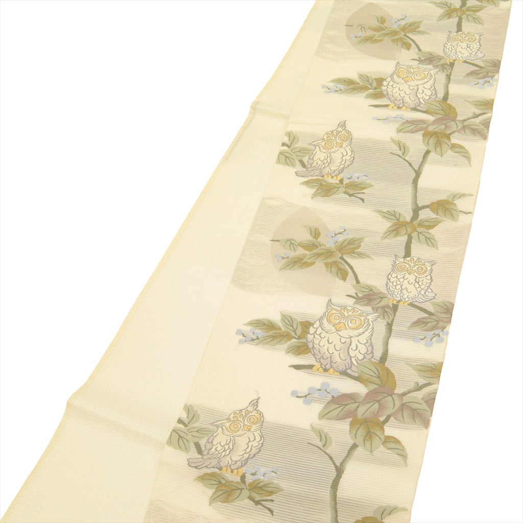Vintage Japanese Obi | Summer Fukuro Obi | Cream Silk Ro | Owl Pattern | Embroidery Gold Thread | Sustainable | uu0717b