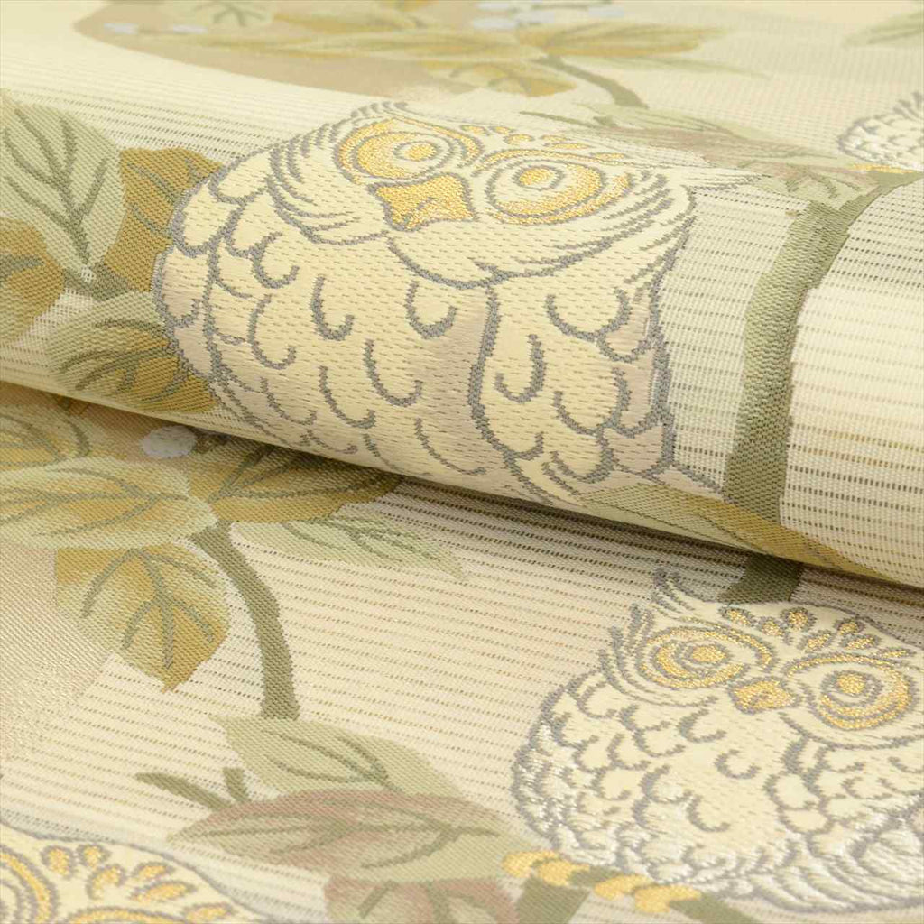Vintage Japanese Obi | Summer Fukuro Obi | Cream Silk Ro | Owl Pattern | Embroidery Gold Thread | Sustainable | uu0717b