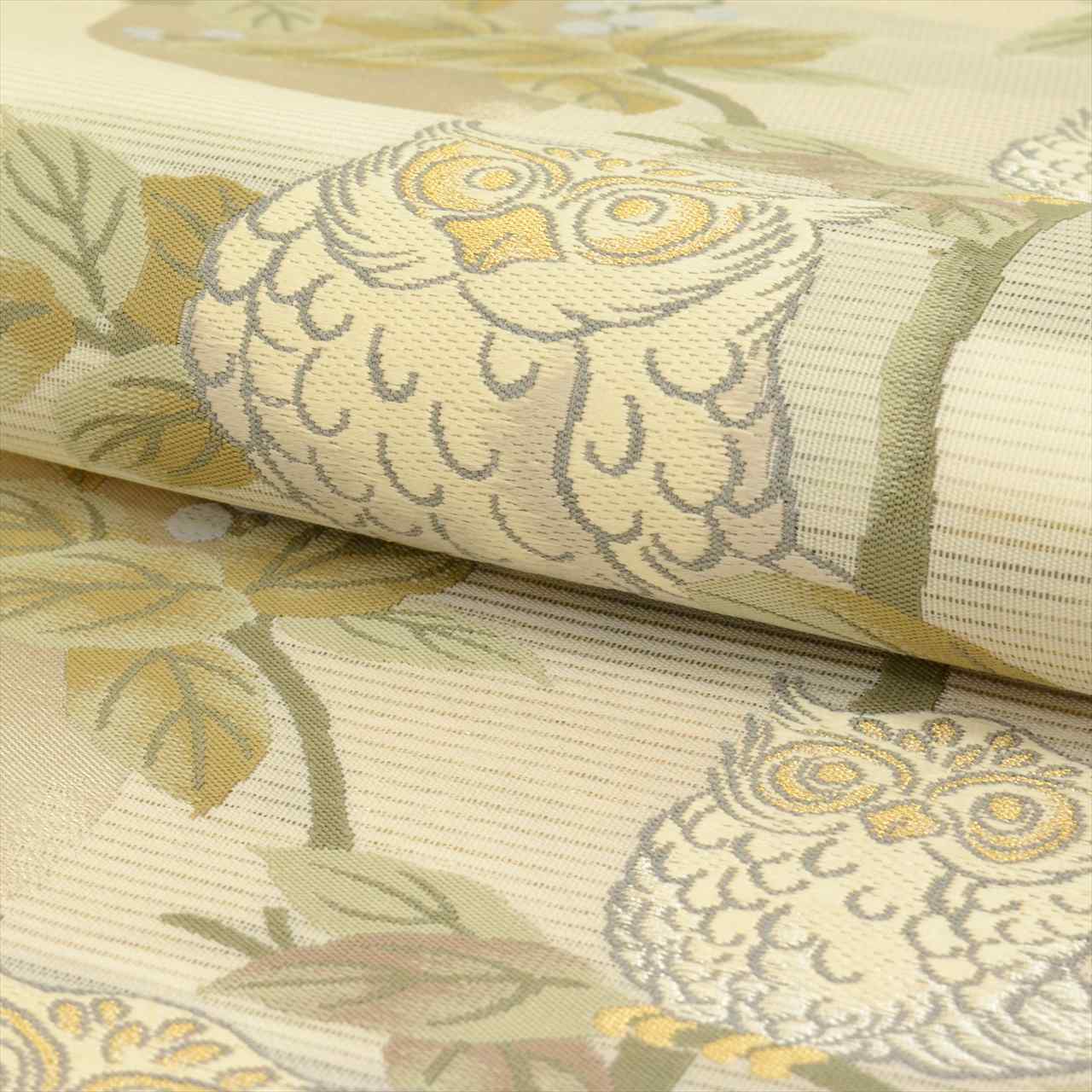 Vintage Japanese Obi | Summer Fukuro Obi | Cream Silk Ro | Owl Pattern | Embroidery Gold Thread | Sustainable | uu0717b