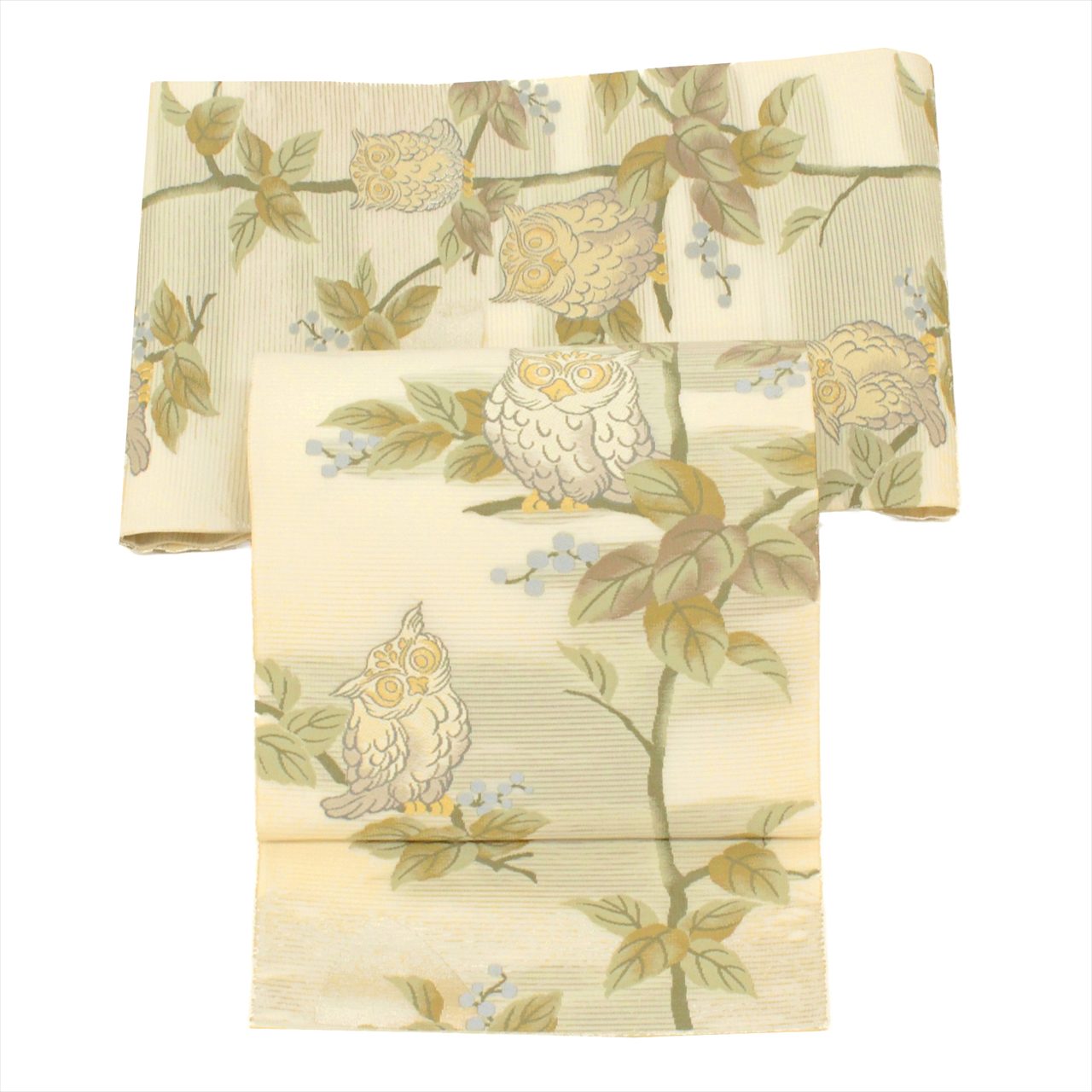 Vintage Japanese Obi | Summer Fukuro Obi | Cream Silk Ro | Owl Pattern | Embroidery Gold Thread | Sustainable | uu0717b